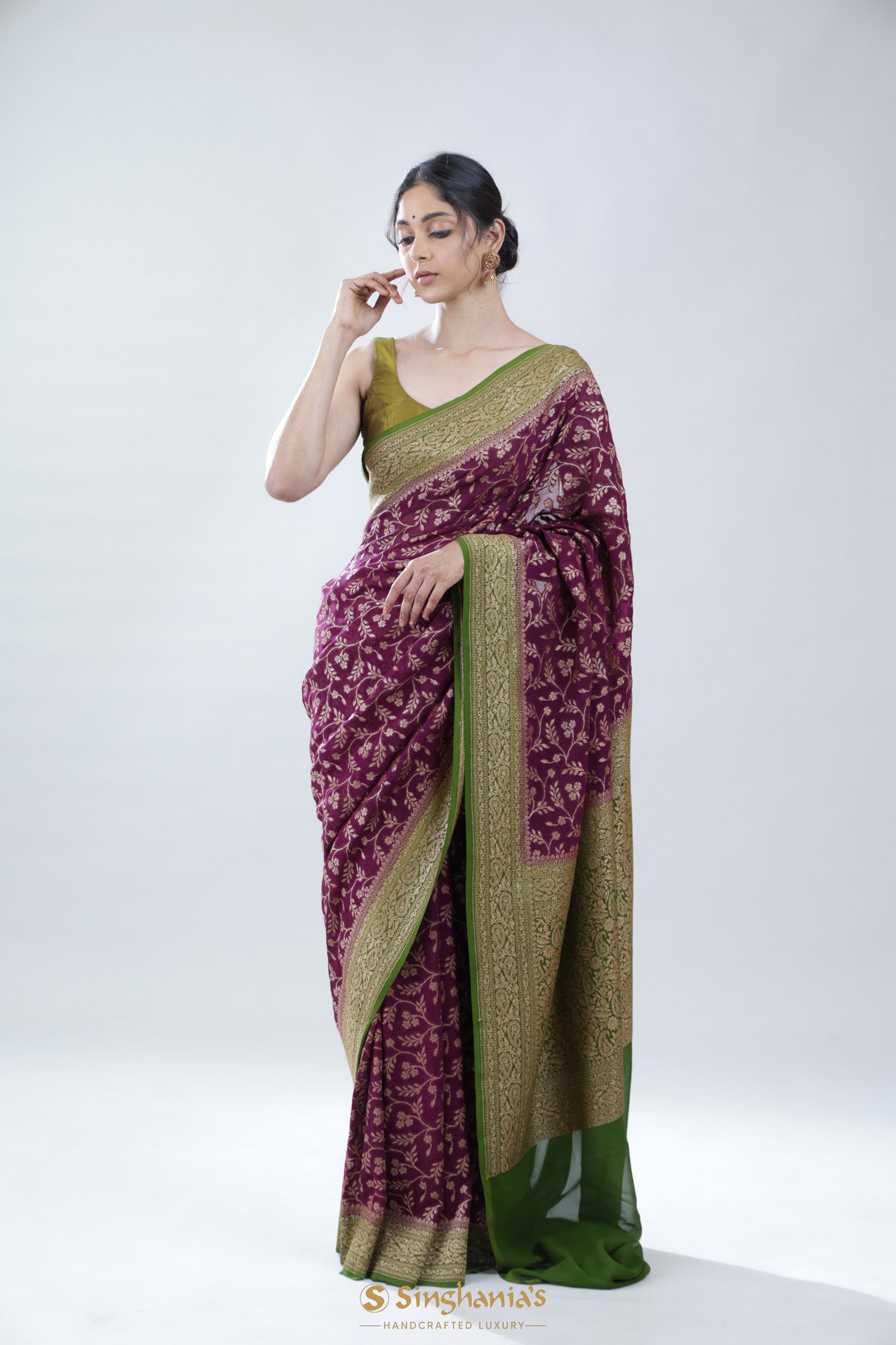 Pansy Purple Banarasi Georgette Saree With Floral Jaal