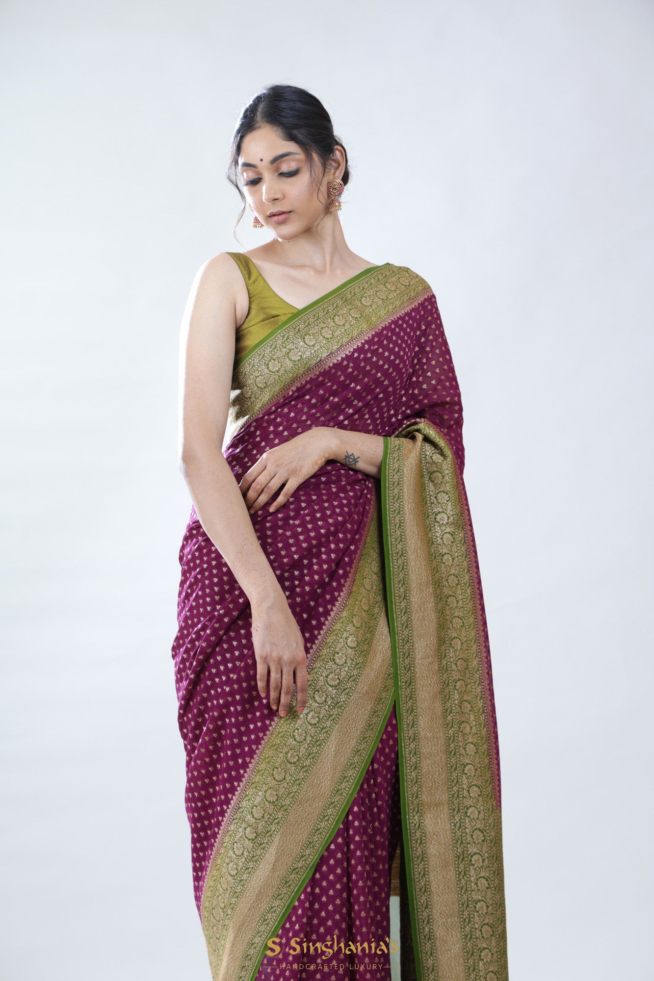 Green and Pink Pure Georgette Saree | Banarasi Bandhej Saree – ViBha