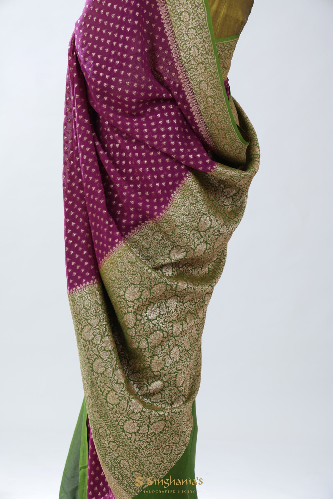 Tyrian Purple Banarasi Georgette Saree With Floral Buttis