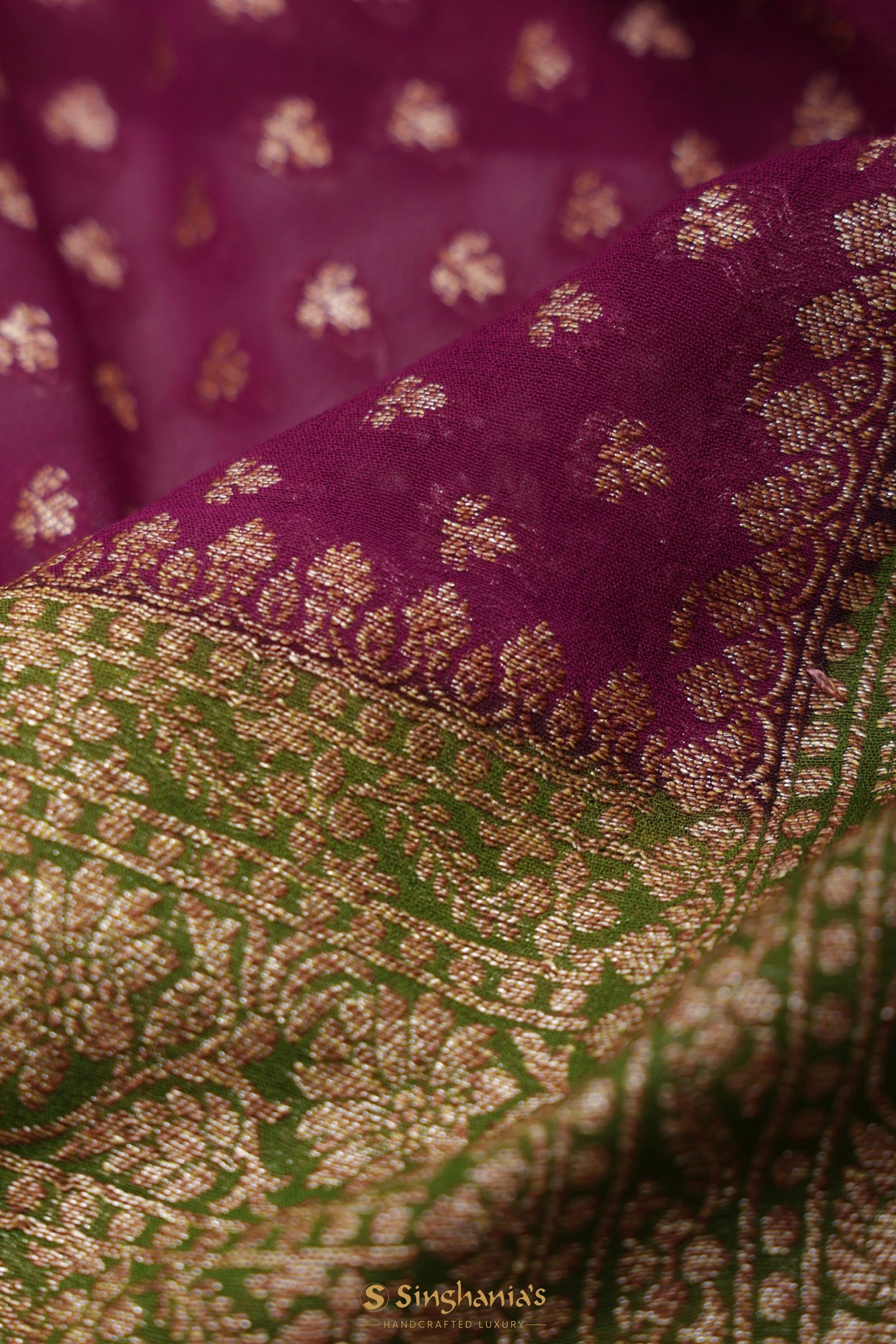 Tyrian Purple Banarasi Georgette Saree With Floral Buttis