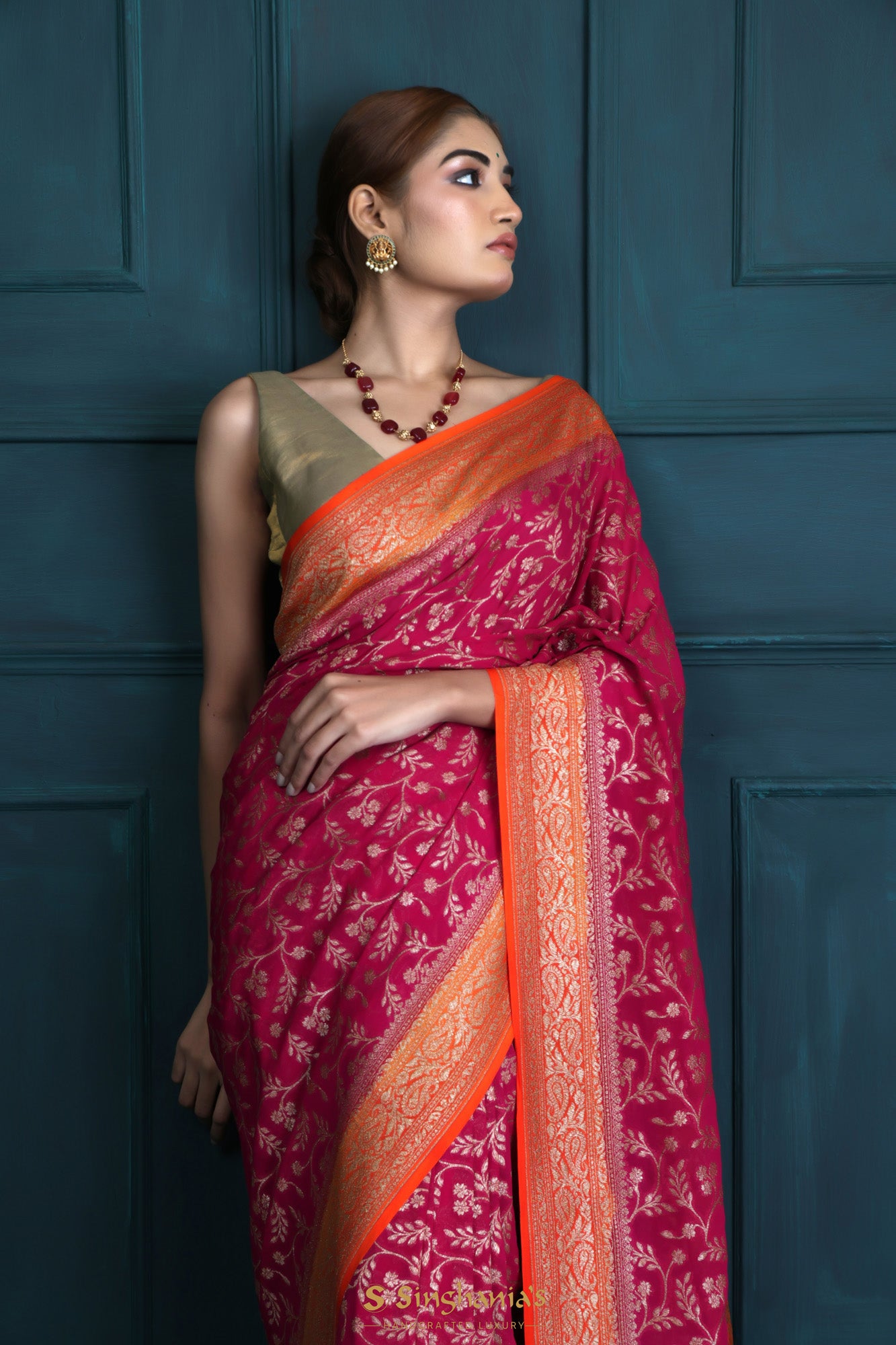 Ruby Red Georgette Banarasi Saree With Floral Weaving