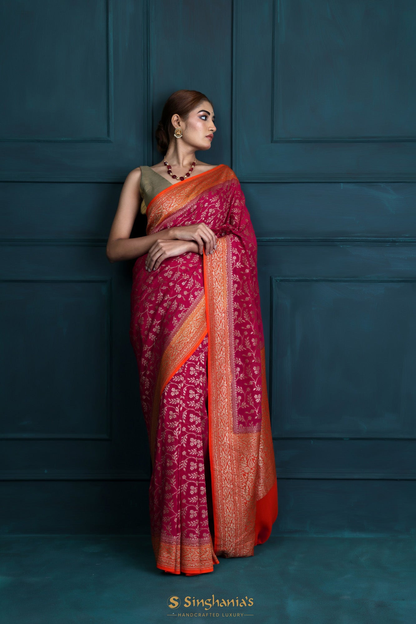 Ruby Red Georgette Banarasi Saree With Floral Weaving