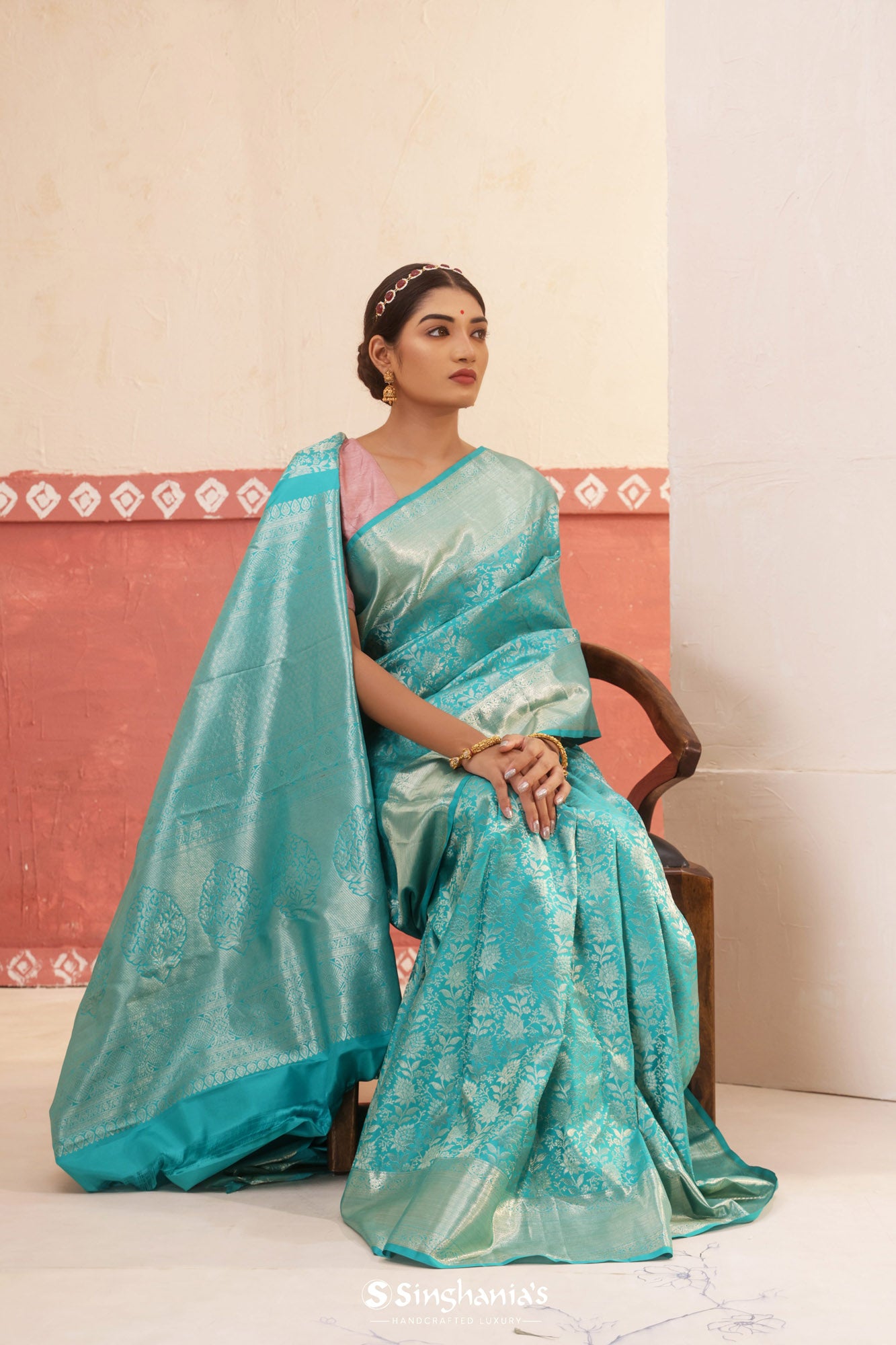 Turquoise Blue Kanjivaram Silk Saree With Floral Design