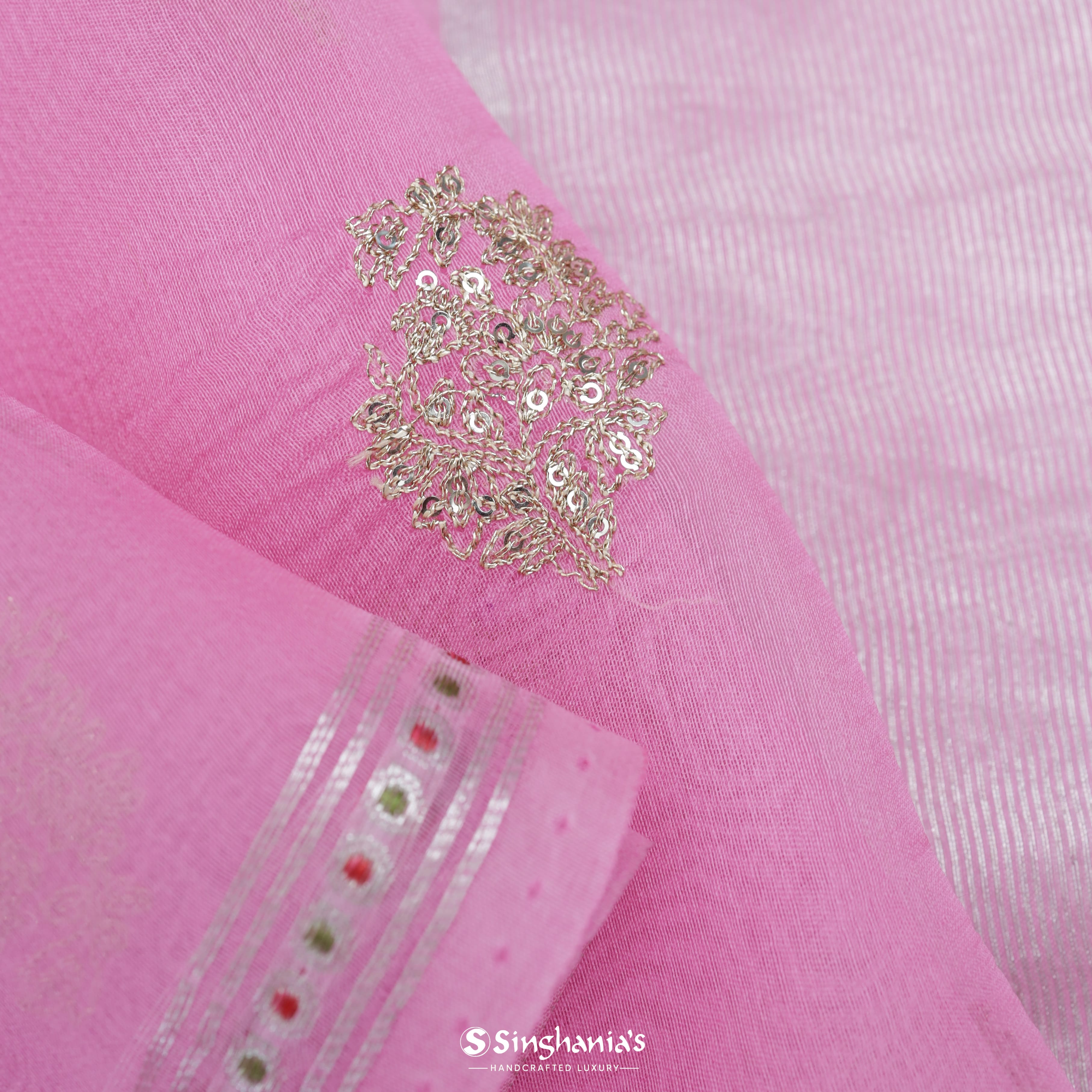 Peach Pink Organza Embroidery Saree With Floral