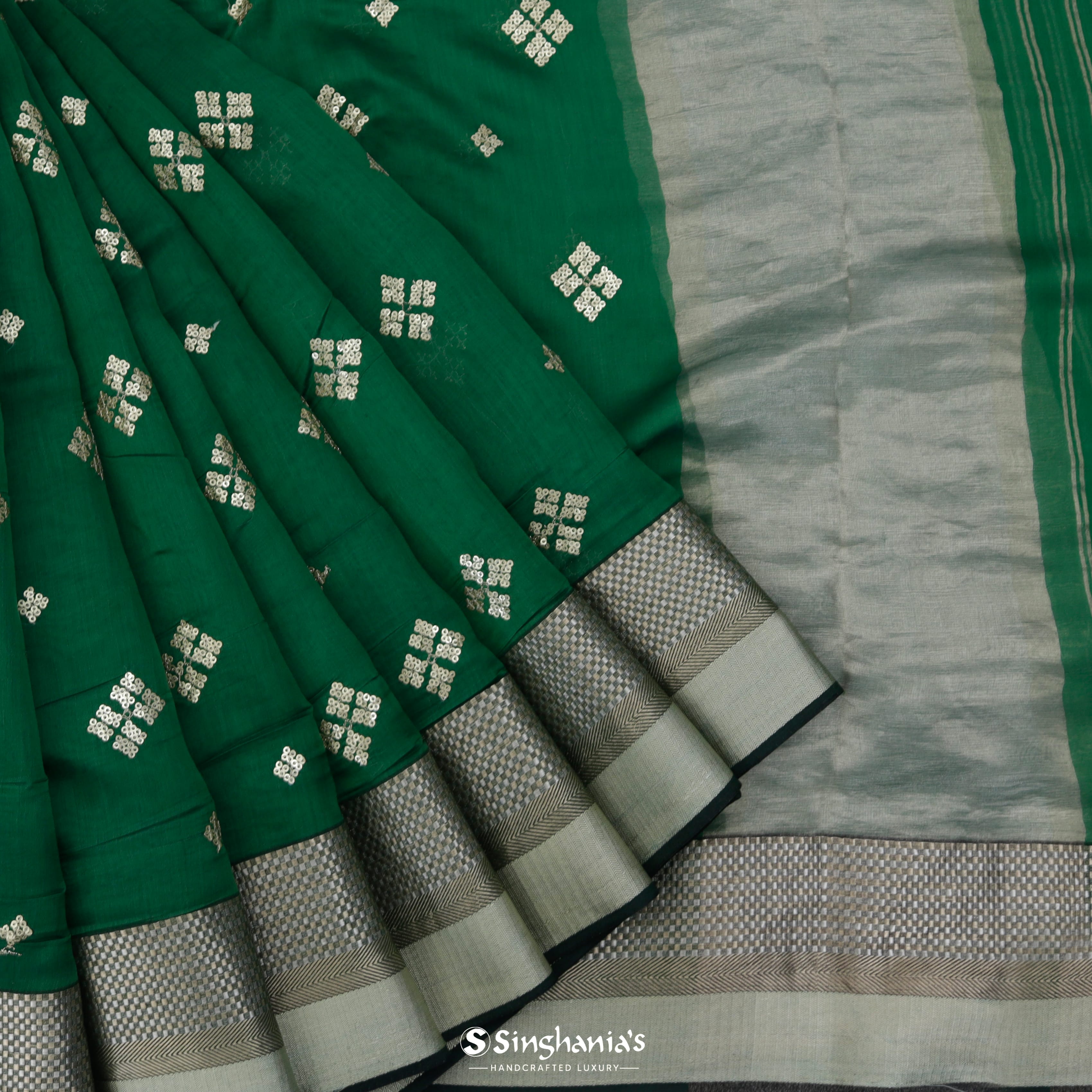 Hunter Green Chanderi Embroidery Silk Saree With Geometrical Pattern