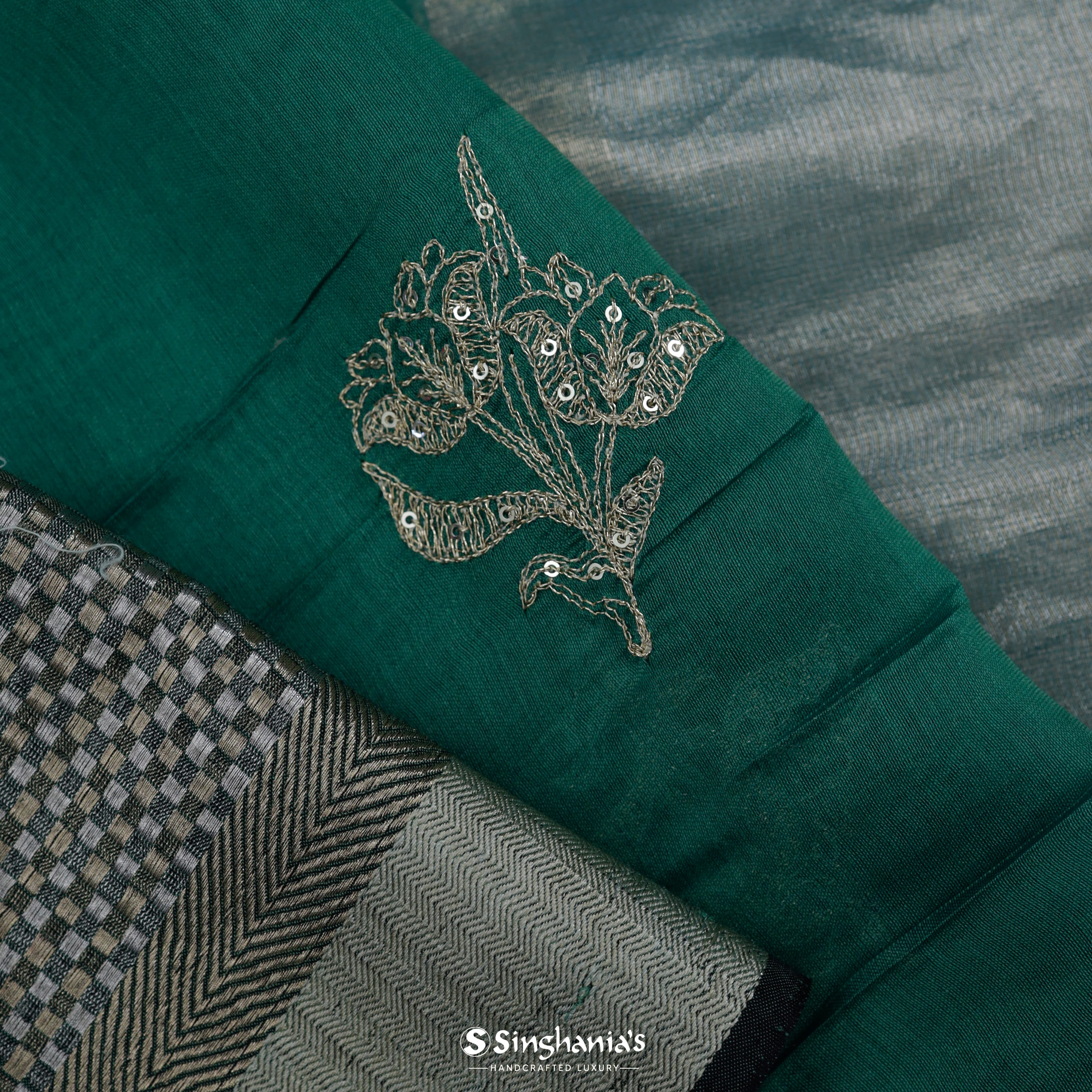 Myrtle Green Chanderi Embroidery Silk Saree With Floral Motif Pattern