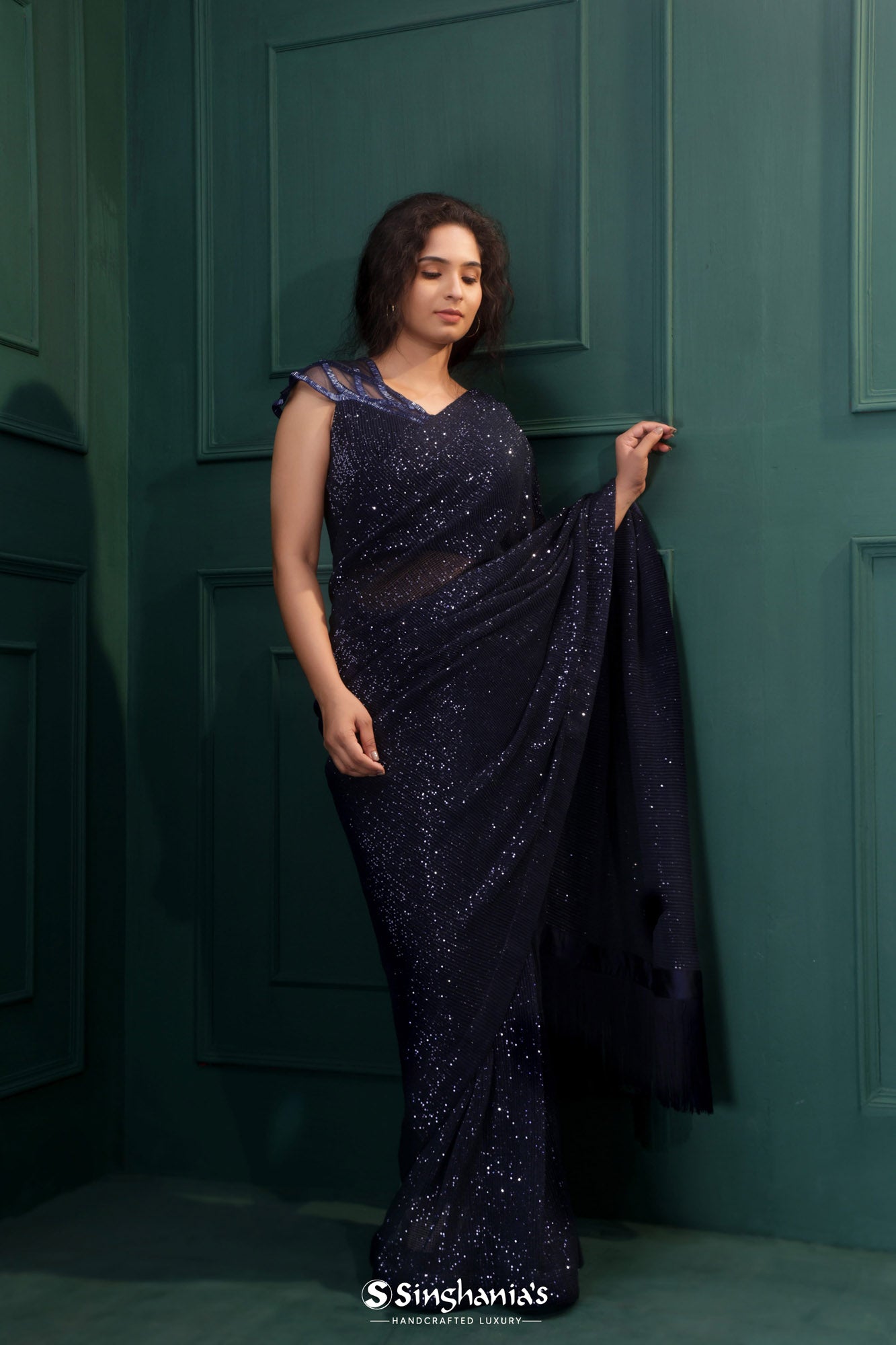 Royal Blue Sequin Embroidery Designer Saree