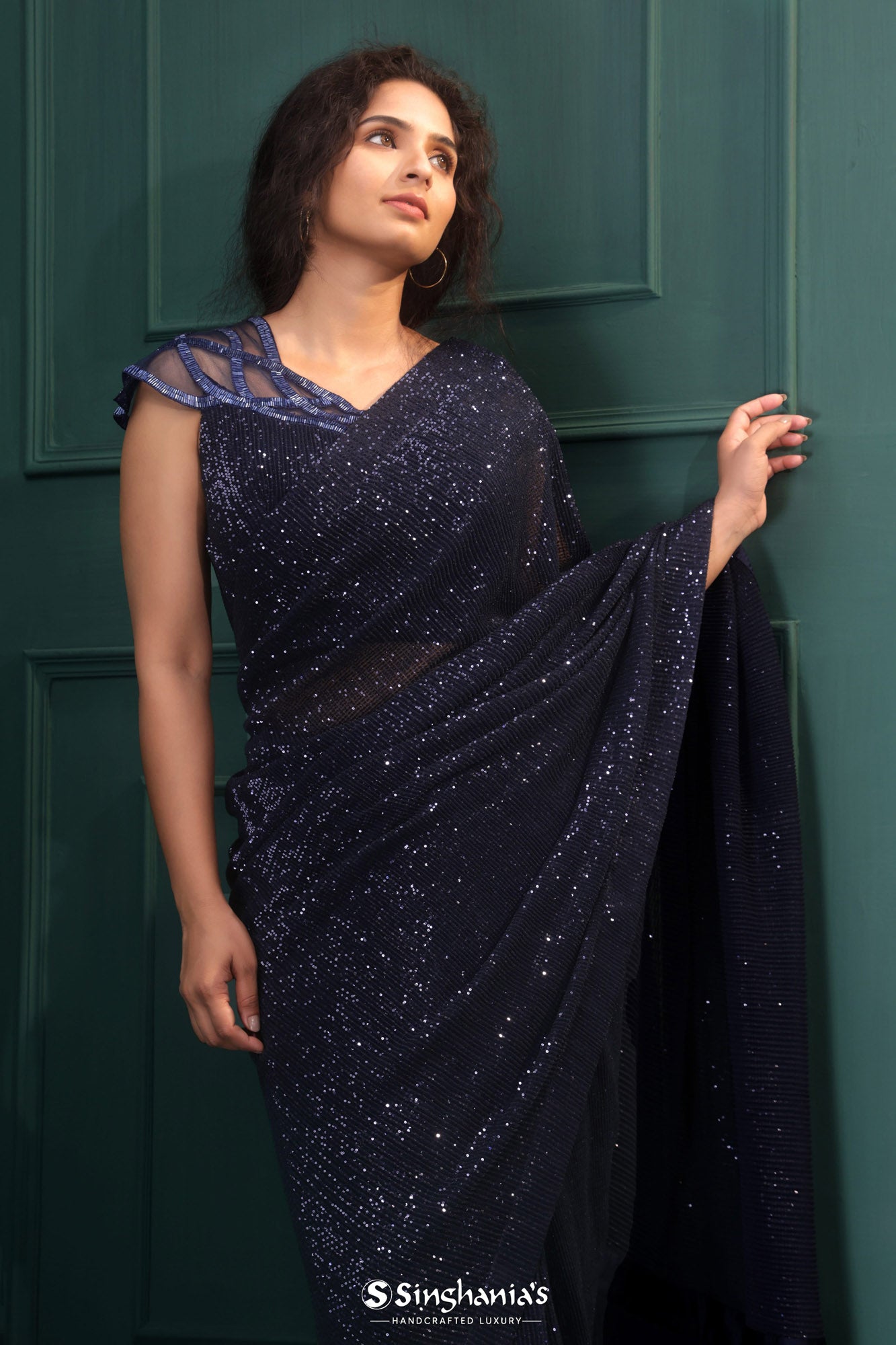 Navy Blue Saree Embellished In Sequins And A Cut Dana Embellished Velvet  Blouse With Double Spaghetti