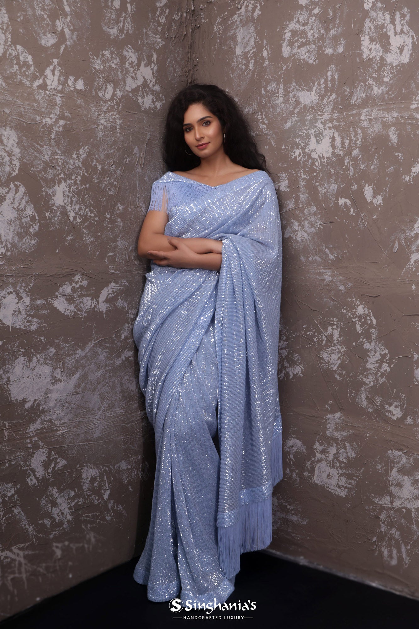 Lavender Grey Saree With Sequin Embroidery