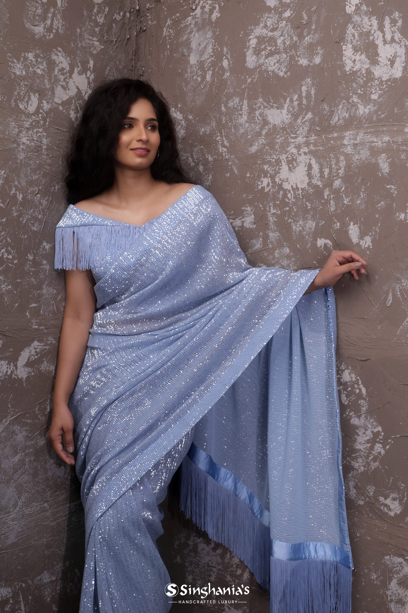 Lavender Grey Saree With Sequin Embroidery