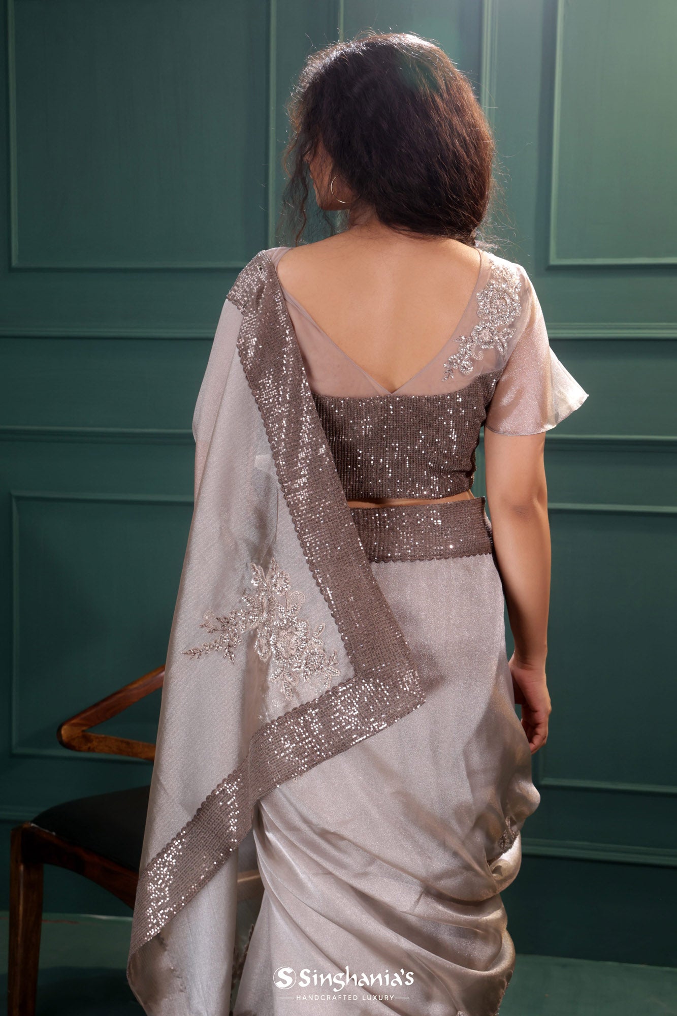 Stone Grey Tissue Saree With Hand Embroidery