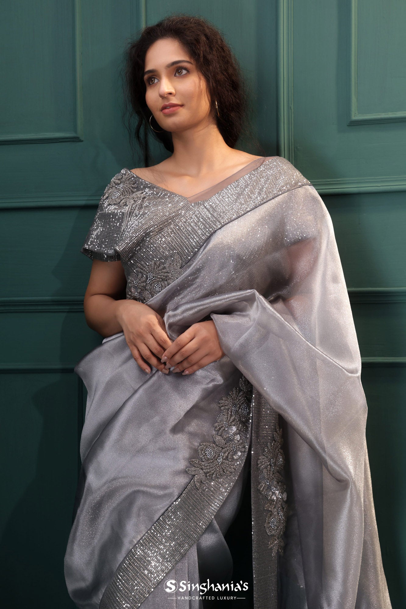 Dark Silver Tissue Saree With Hand Embroidery
