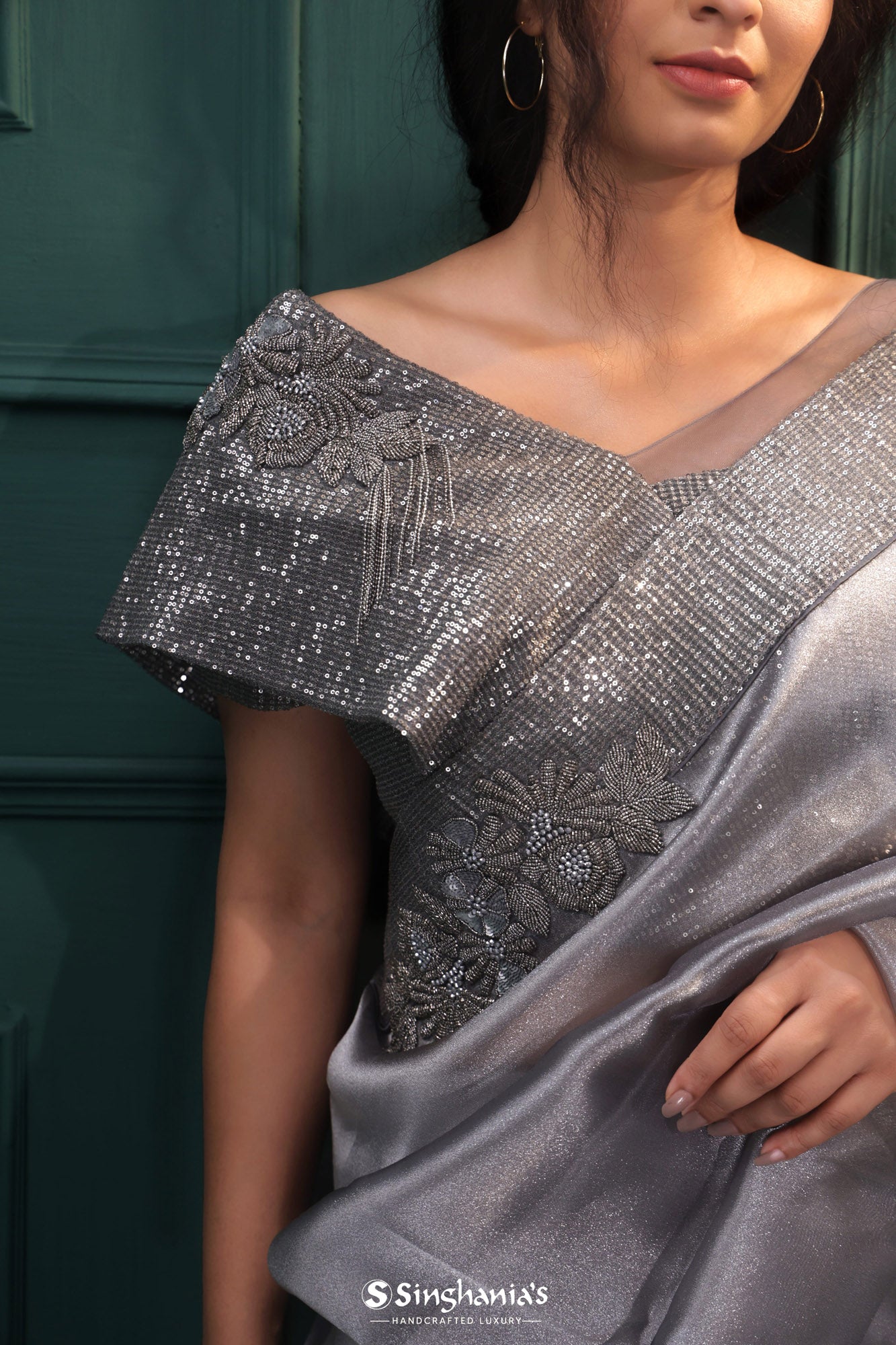 Dark Silver Tissue Saree With Hand Embroidery