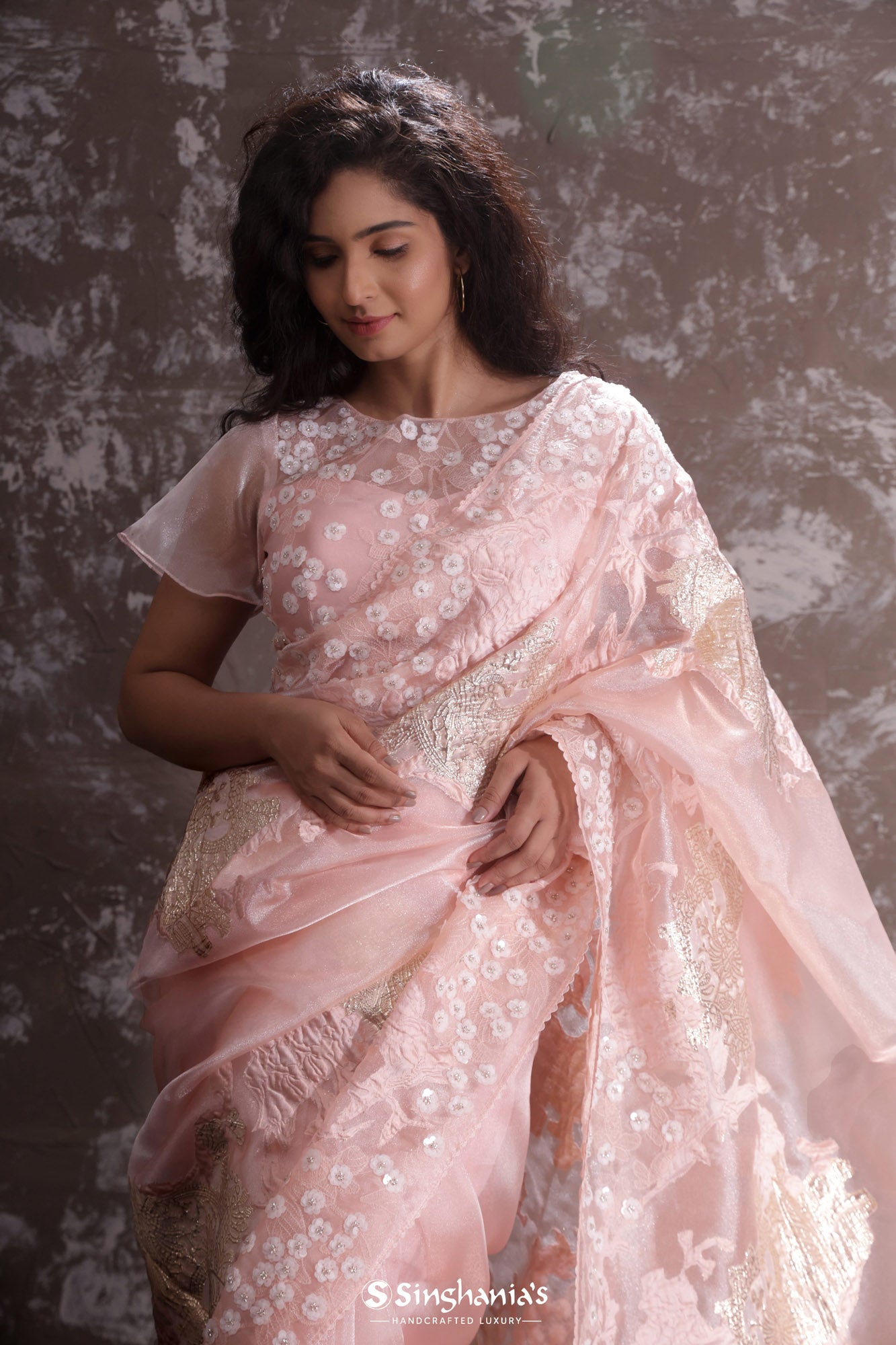 Peach Pink Tissue Saree With Hand Embroidery
