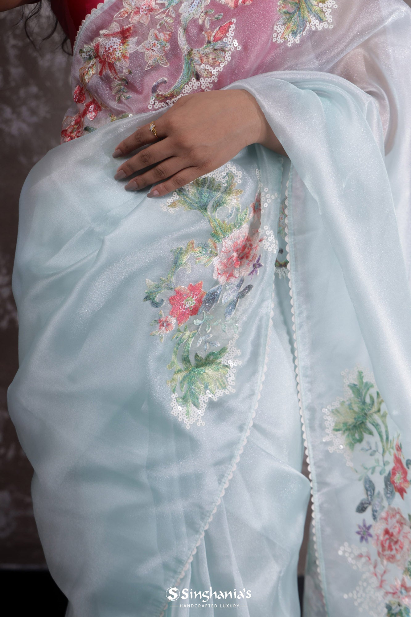 Pastel Sky Blue Tissue Saree With Floral Motif Pattern