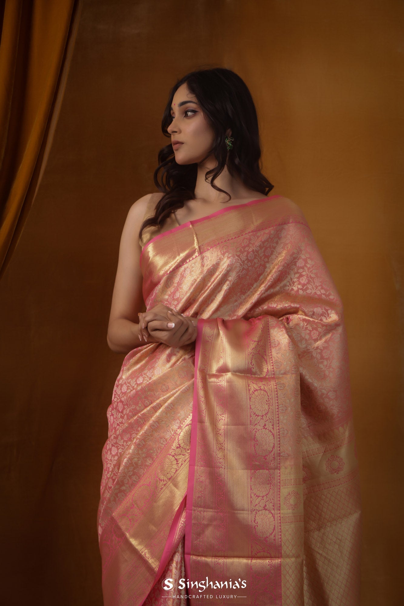 Pastel Tulip Pink & Gold Jaal Tissue Kanjivaram Saree With Floral Jaal Weaving