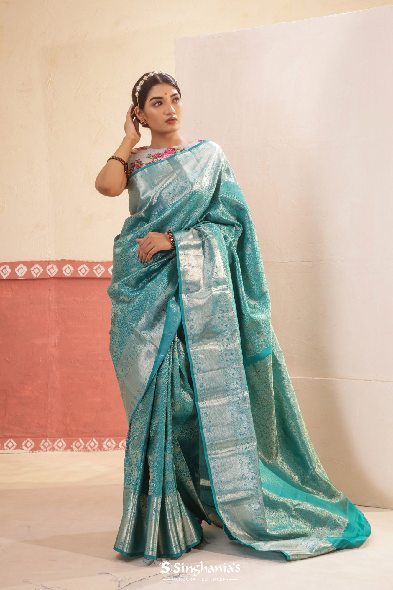 Aqua Blue Kanjivaram Silk Saree With Floral Design