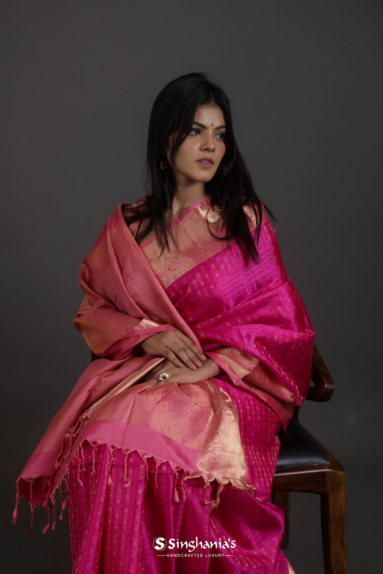 Deep Pink Soft Silk Saree With Geometrical Weaving