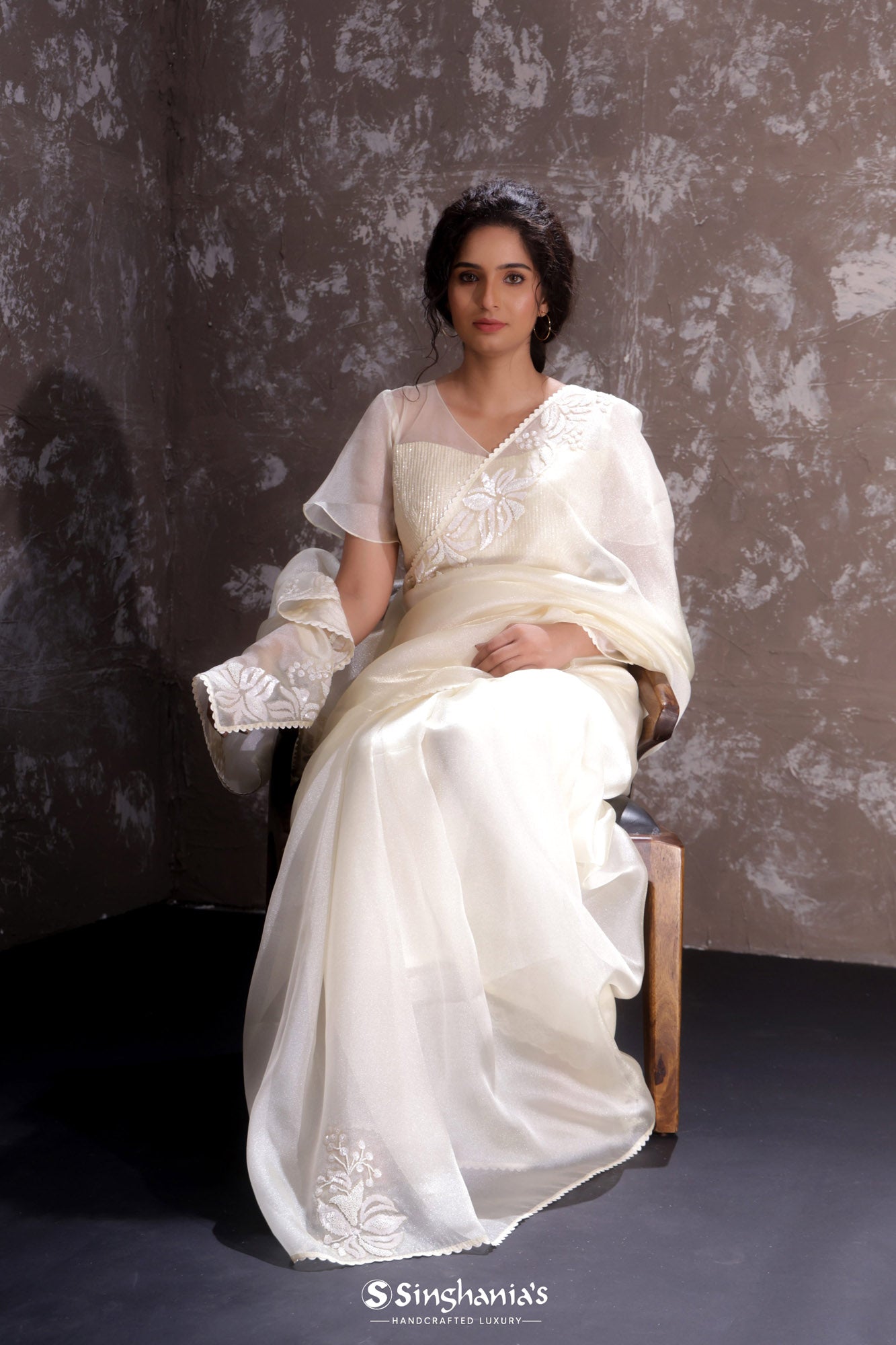 Cream White Tissue Saree With Hand Embroidery