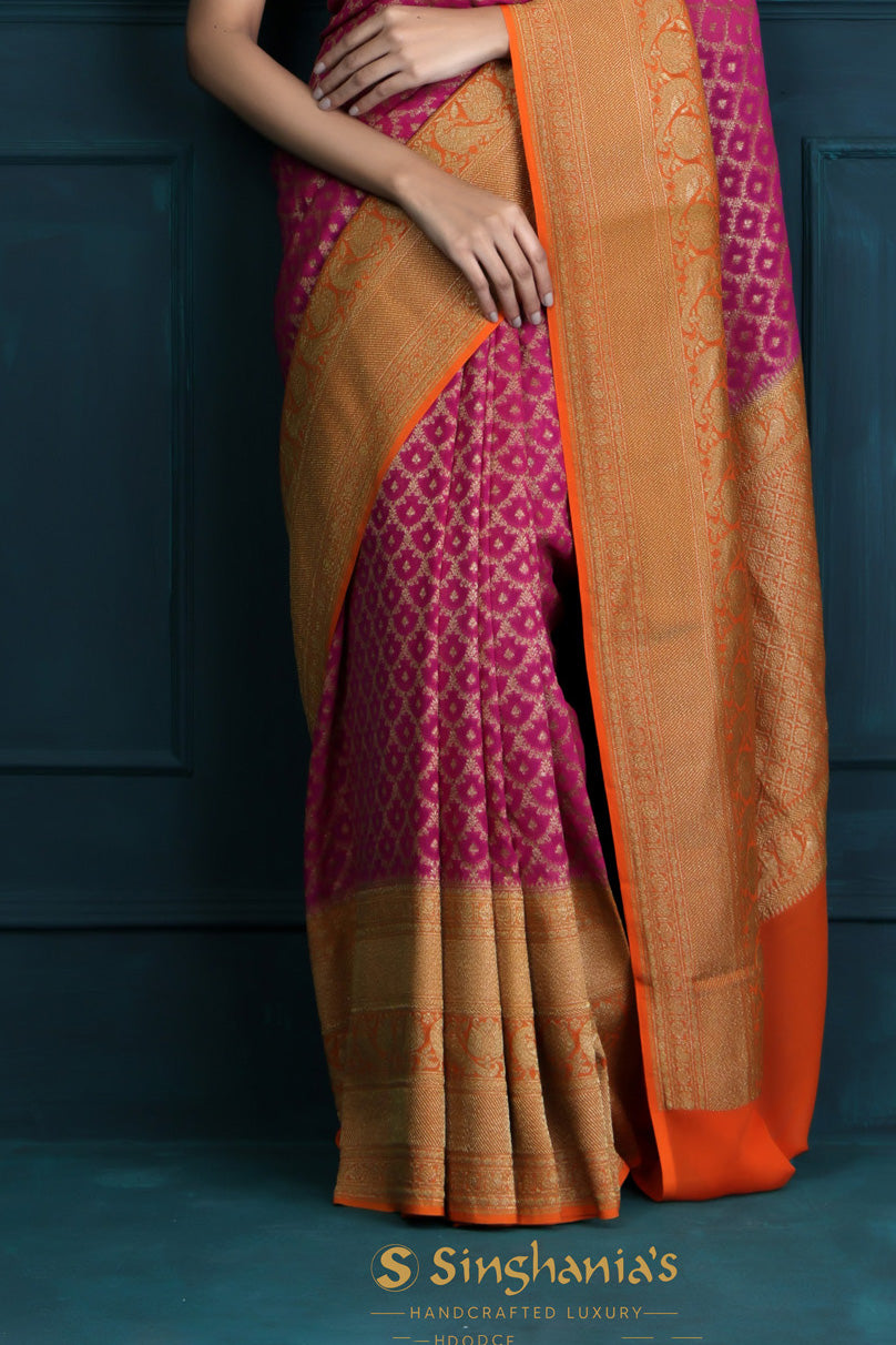 Deep Pink Georgette Banarasi Saree With Floral Weaving