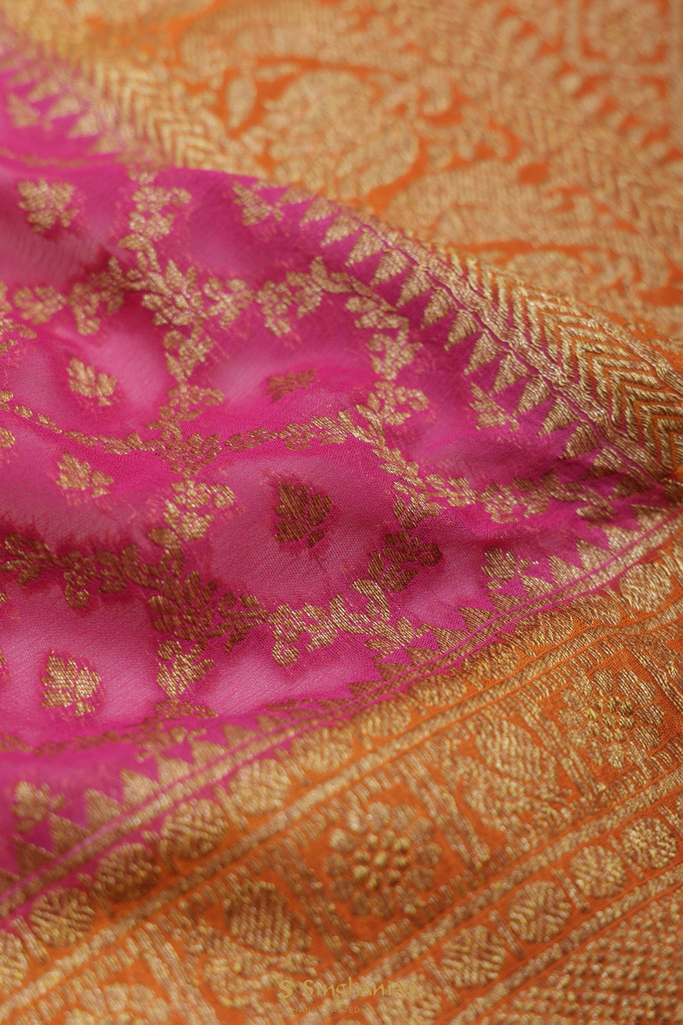Deep Pink Georgette Banarasi Saree With Floral Weaving