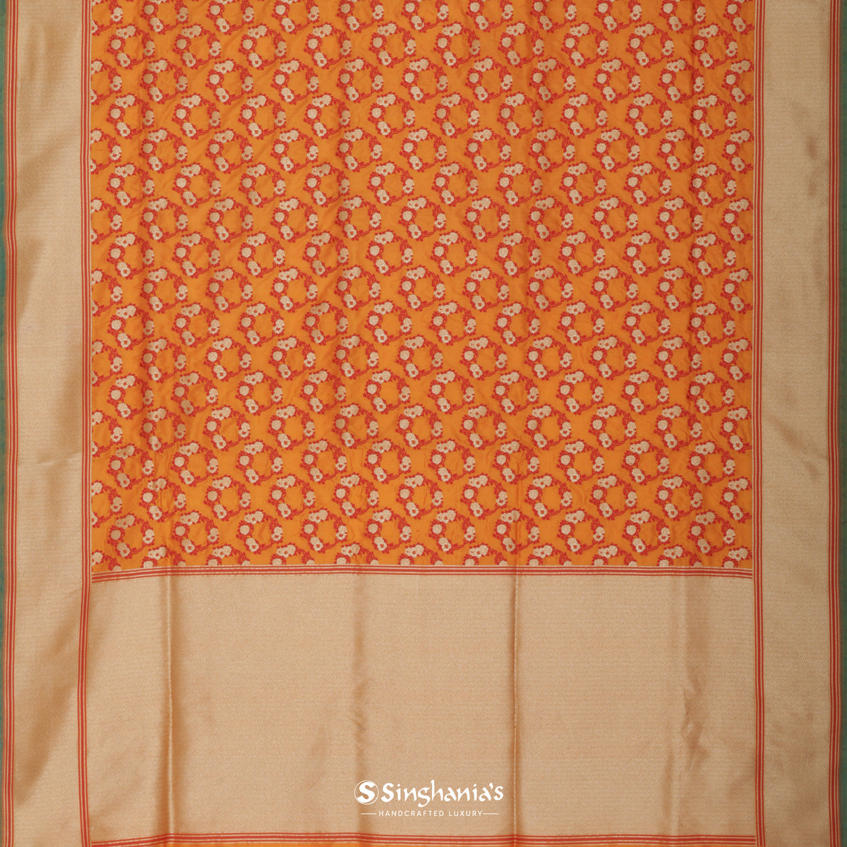 Yellow-Orange Banarasi Silk Saree With Floral Buttas Weaving