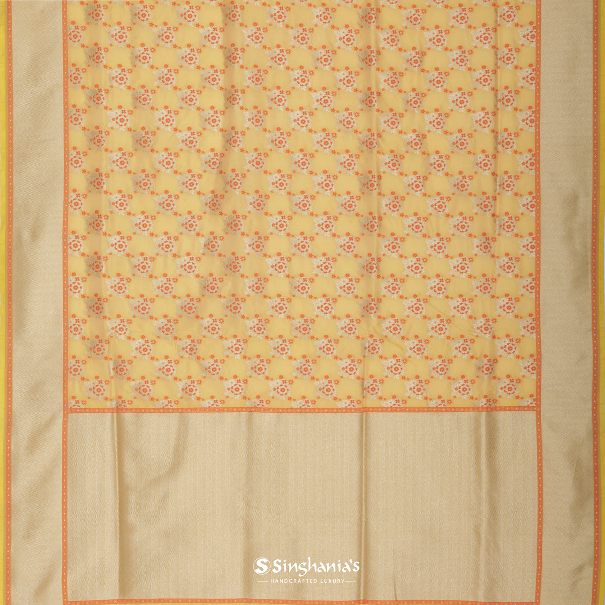 Mellow Yellow Banarasi Silk Saree With Floral Buttas Weaving