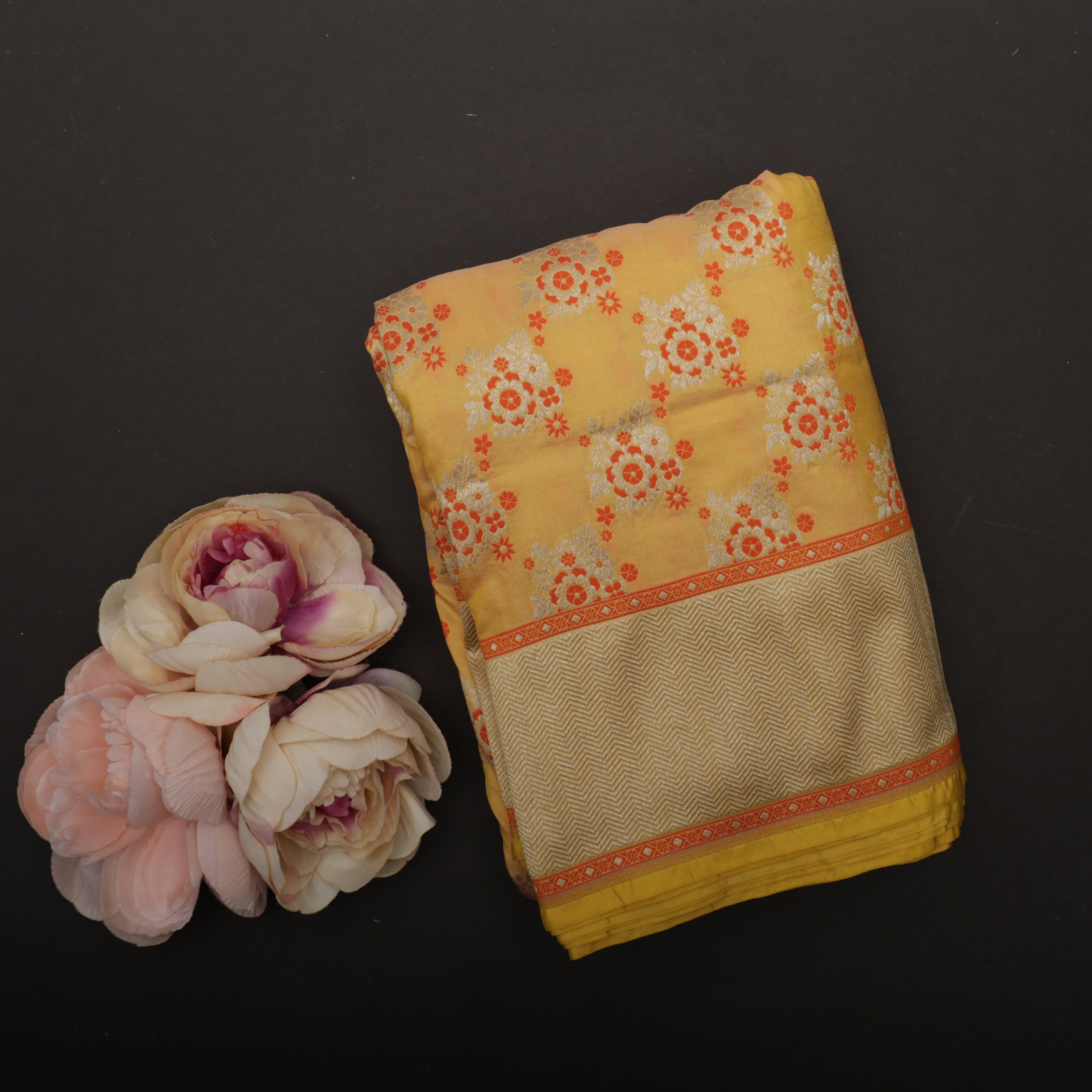 Mellow Yellow Banarasi Silk Saree With Floral Buttas Weaving