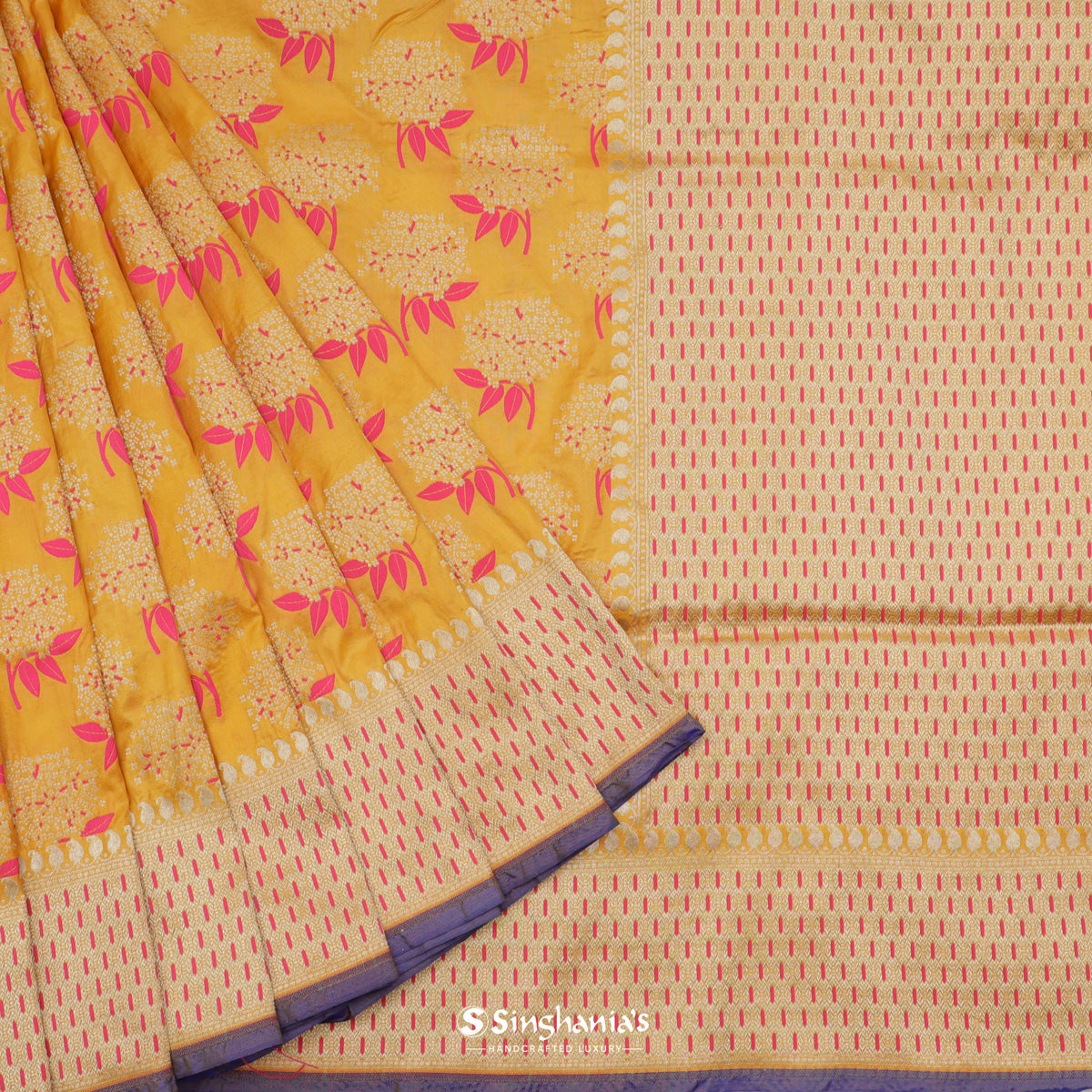Amber Yellow Banarasi Silk Saree With Floral Buttas Weaving