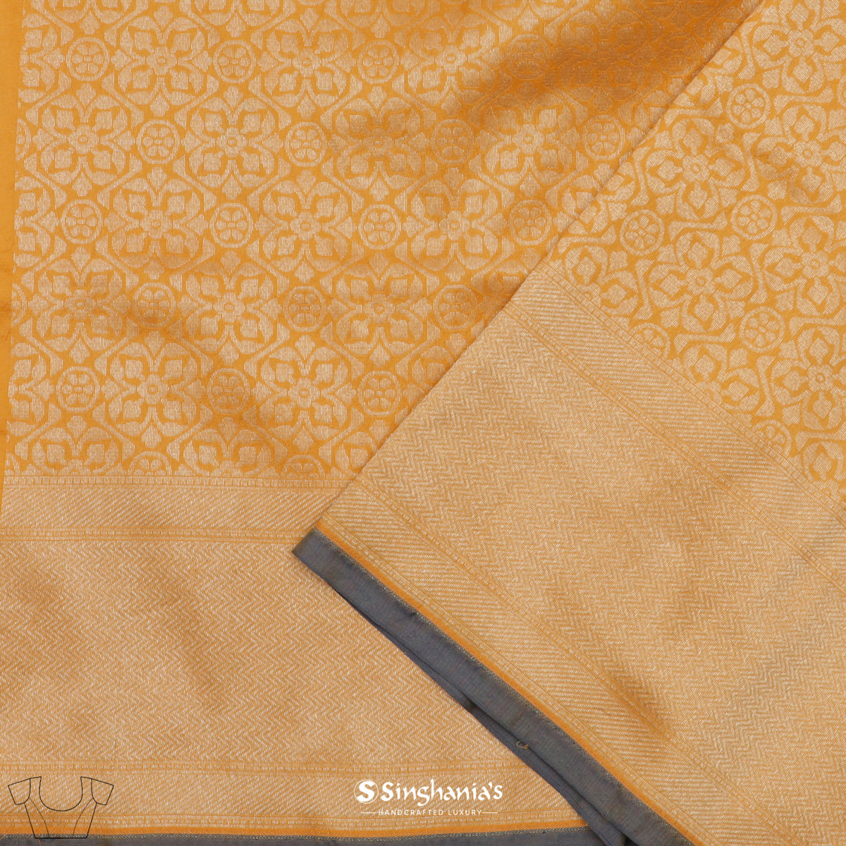 Signal Yellow Banarasi Silk Saree With Floral Motif Weaving