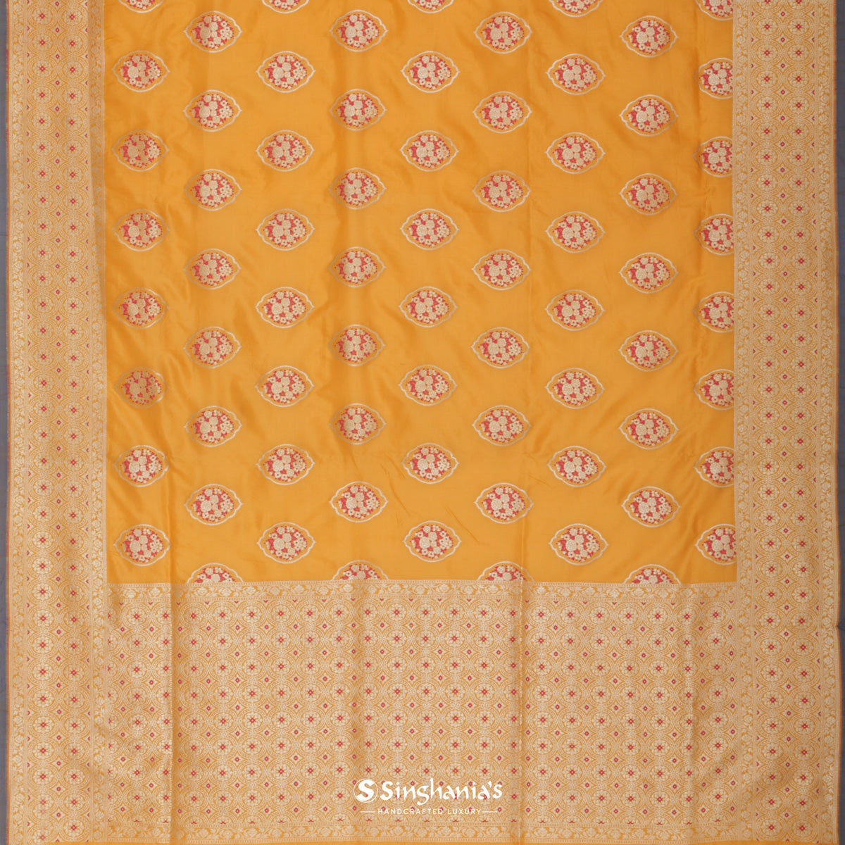 Signal Yellow Banarasi Silk Saree With Floral Motif Weaving