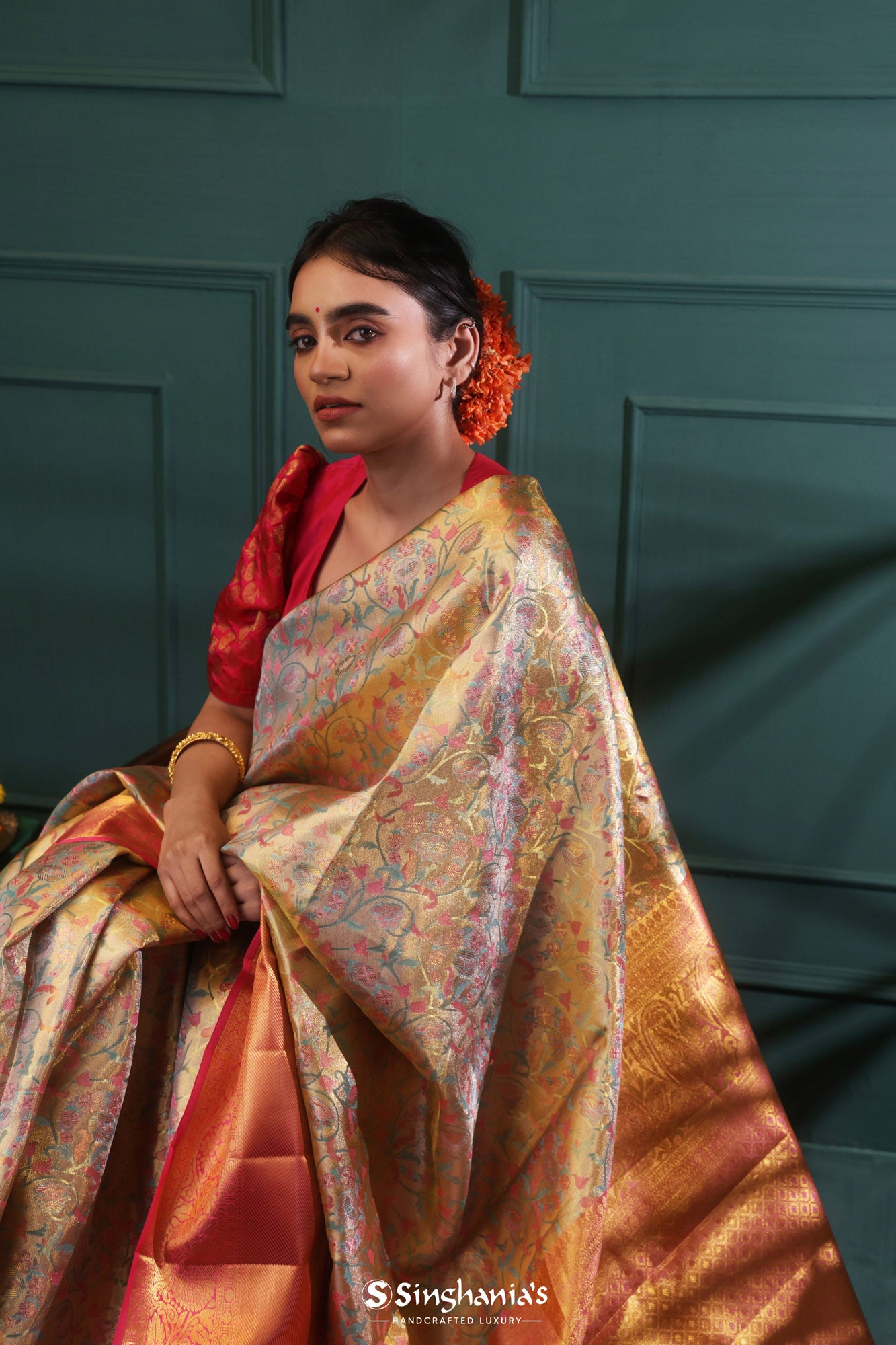 Pale Gold Kanjivaram Silk Saree With Floral Design