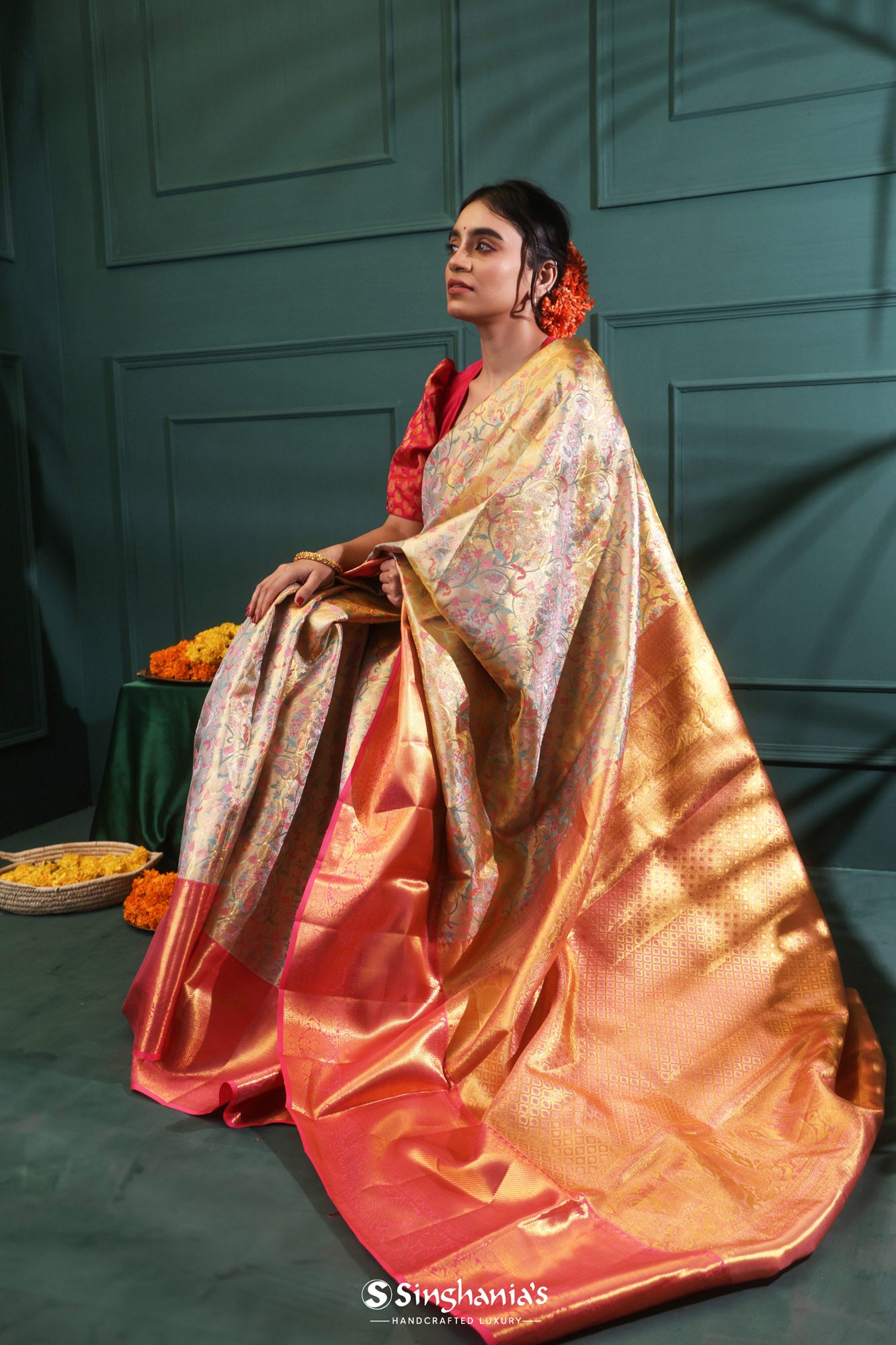 Pale Gold Kanjivaram Silk Saree With Floral Design