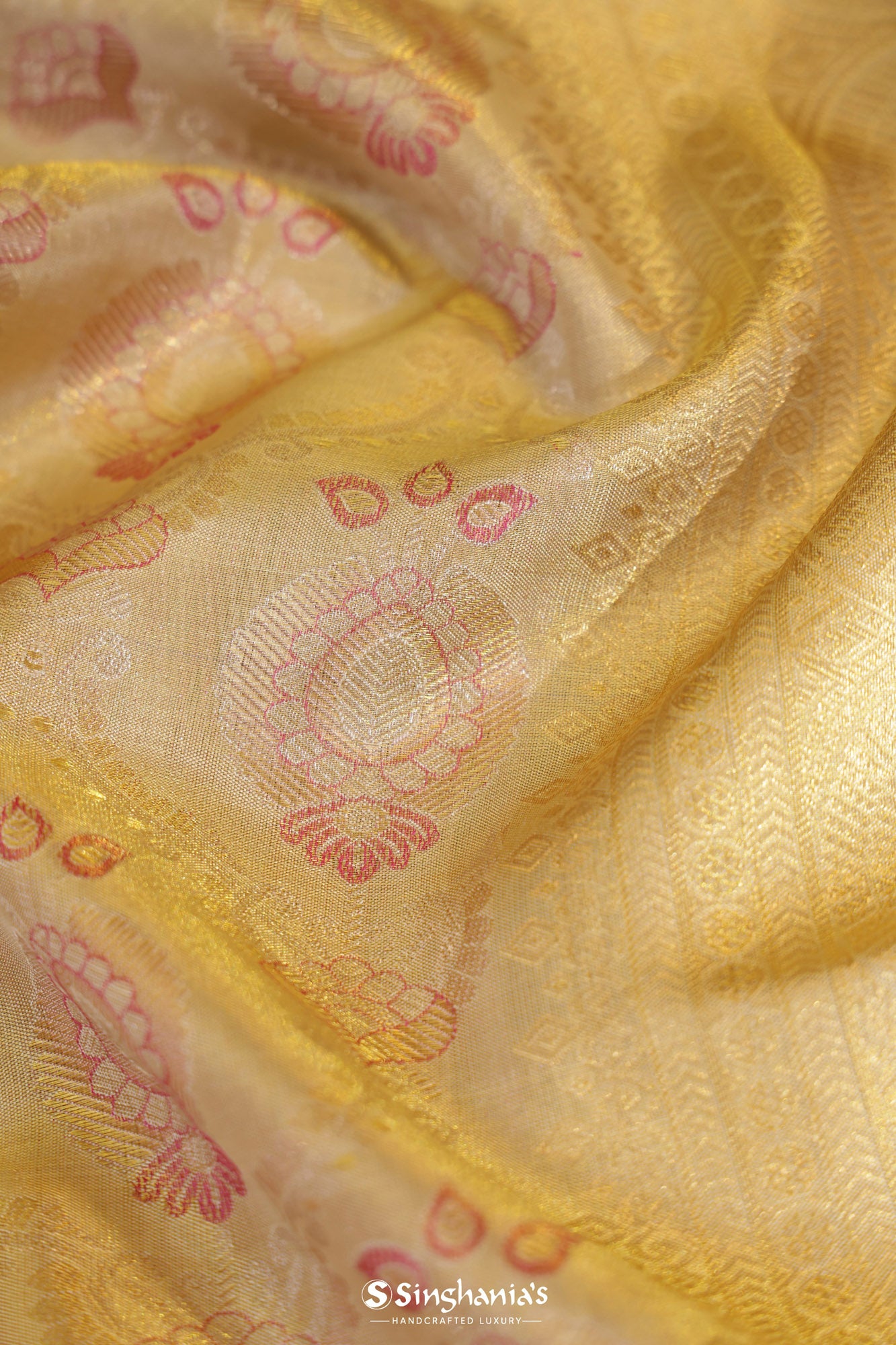 Moccasin Yellow Tissue Kanjivaram Silk Saree With Floral Jaal Design