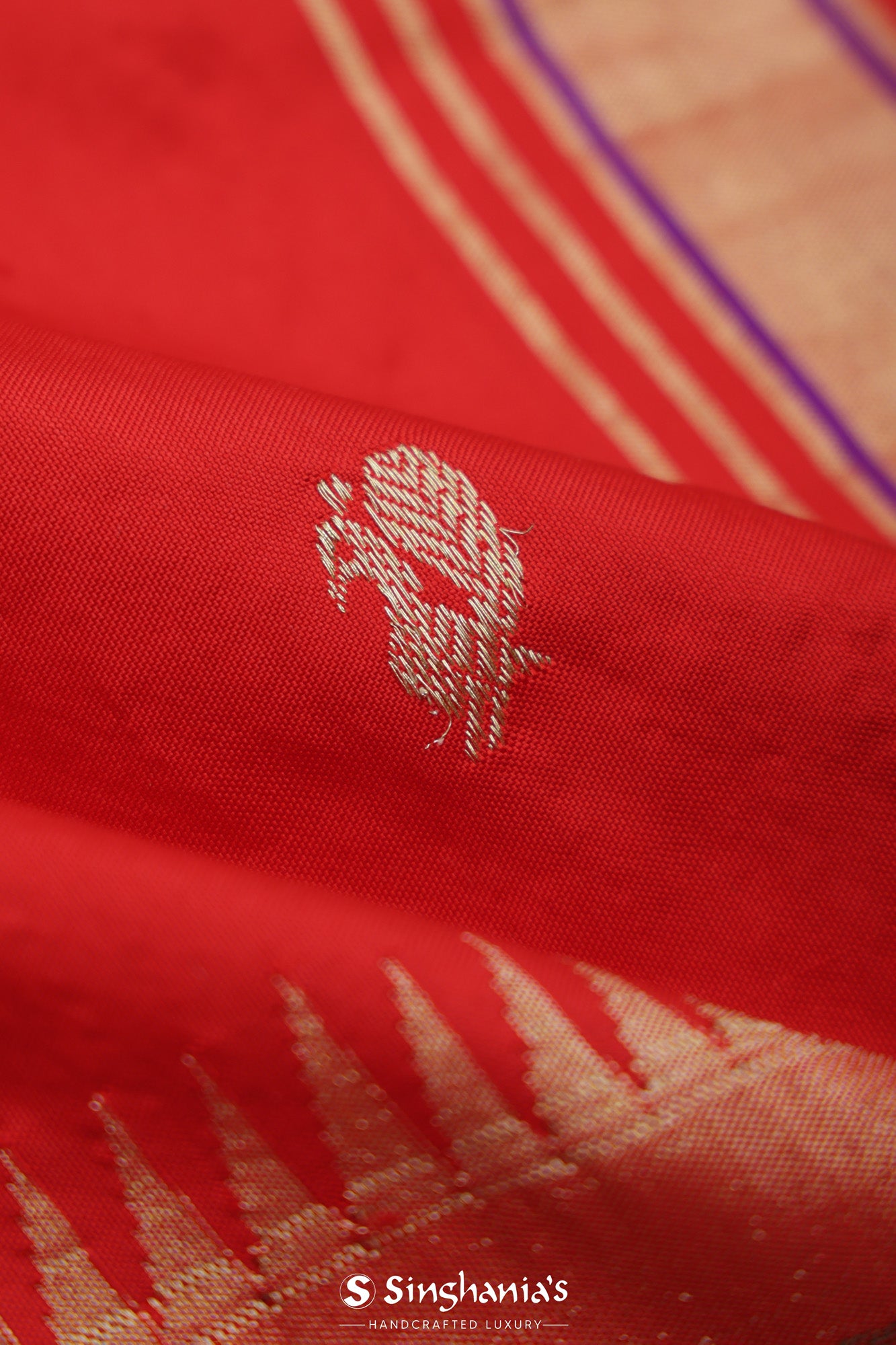 Bright Red Kanjivaram Silk Saree With Peacock Motif