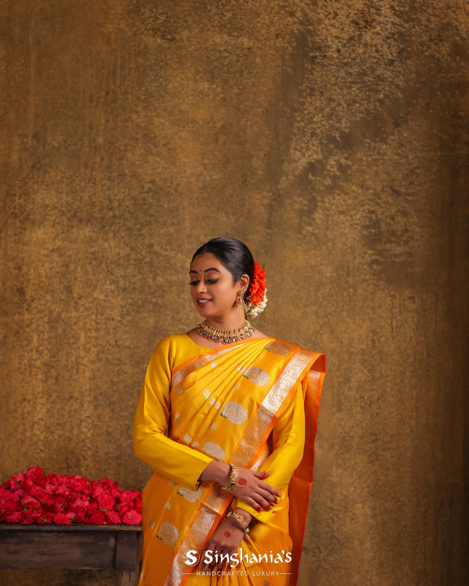 Bright Yellow Venkatgiri Silk Saree With Peacock And Swan Weaving