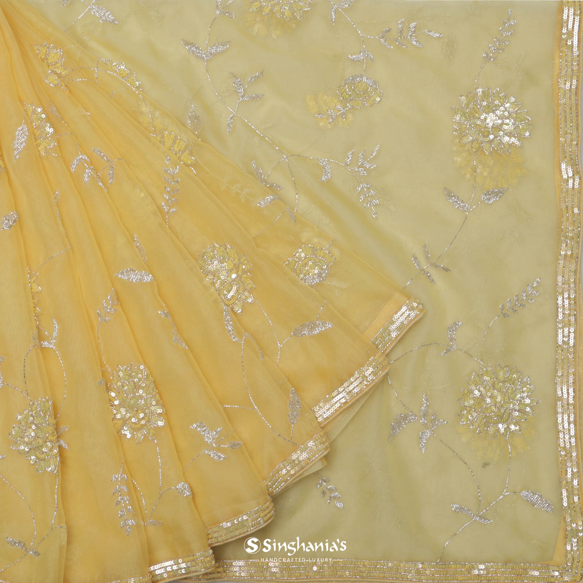 Arylide Yellow Organza Saree With Hand Embroidery