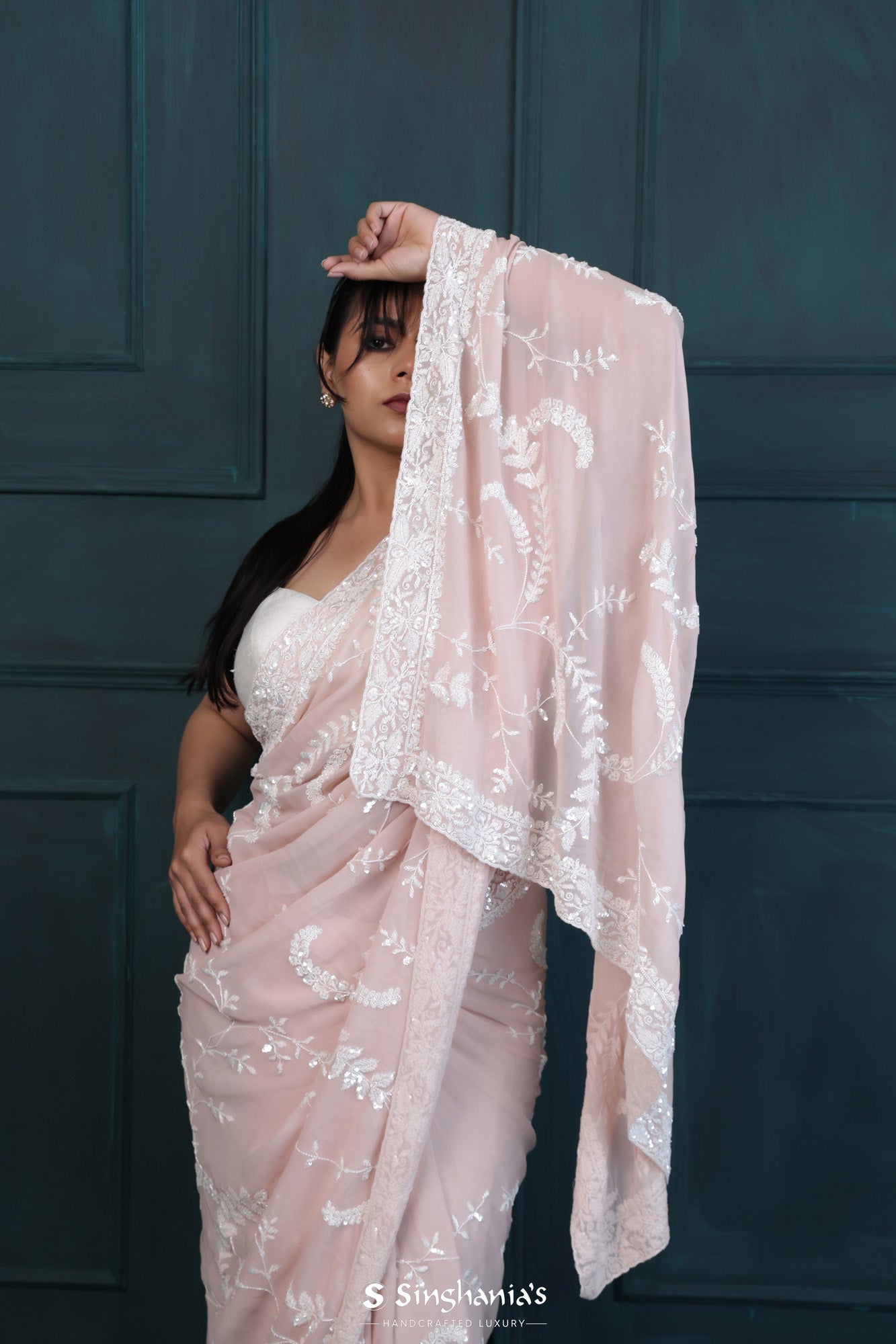 Silvery Pink Designer Organza Saree With Hand Embroidery