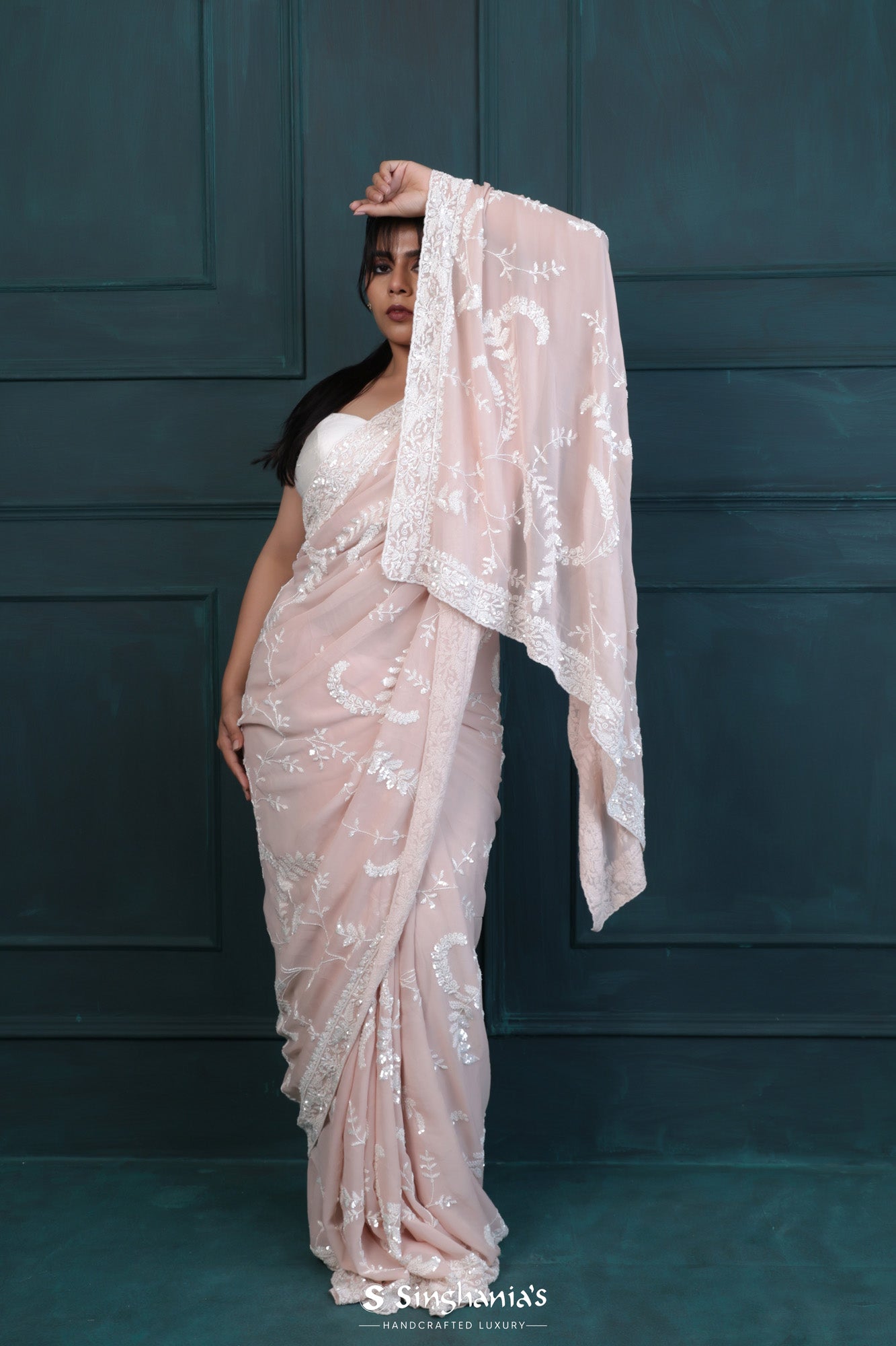 Silvery Pink Designer Organza Saree With Hand Embroidery