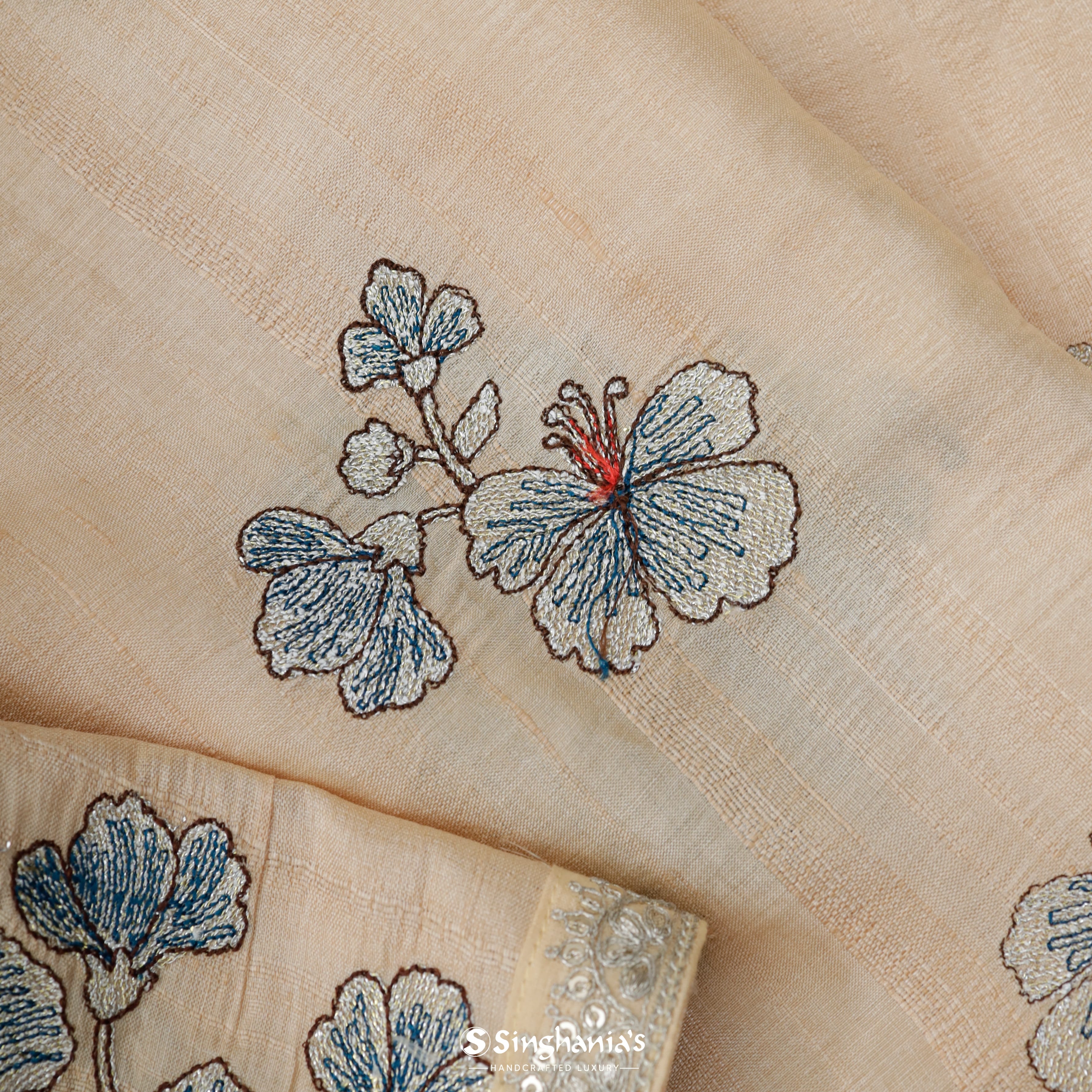 Bisque Brown Tussar Embroidery Silk Saree With Floral Embroidery Motifs