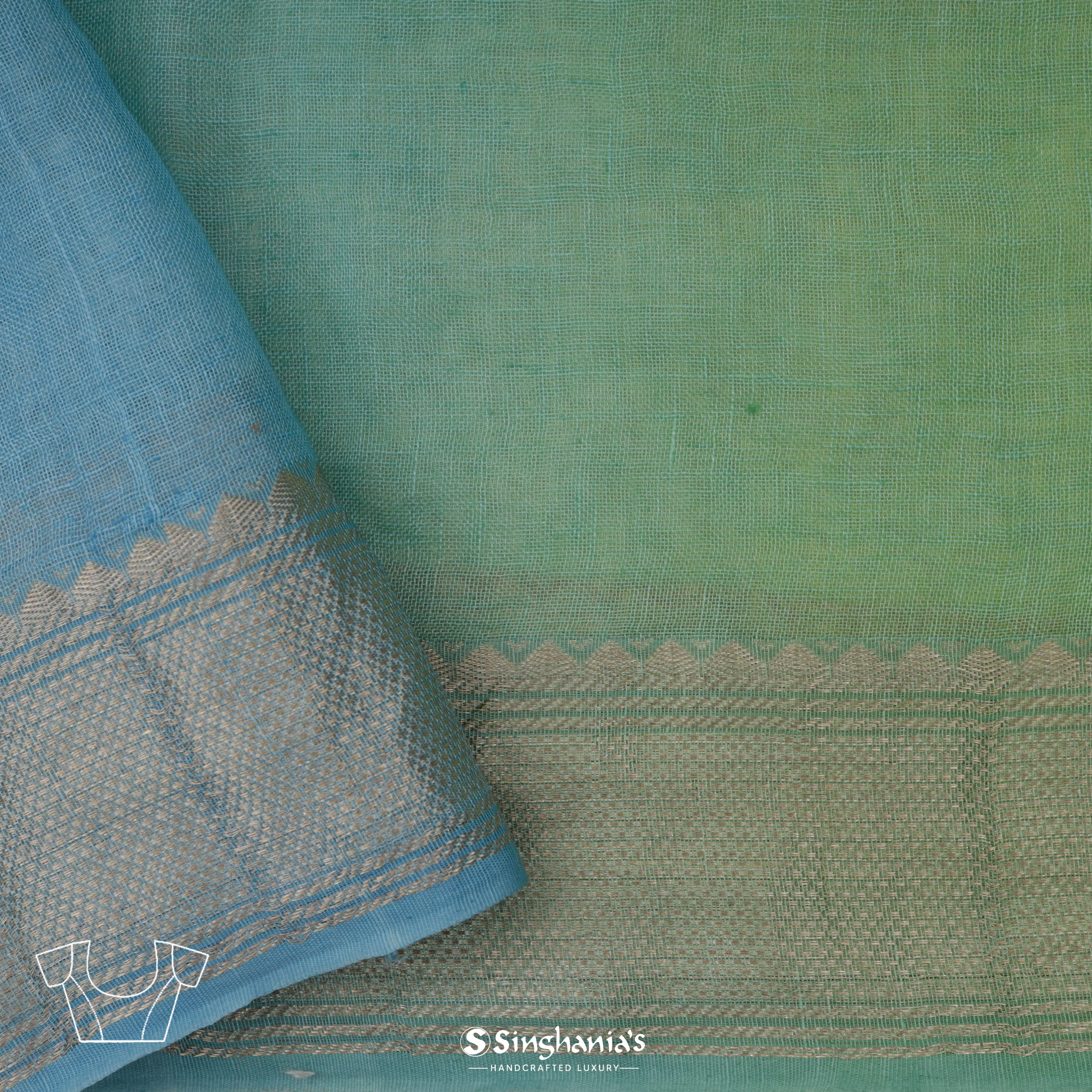 Dual Shade Blue And Green Linen Embroidery Saree With Tiny Floral Buttis