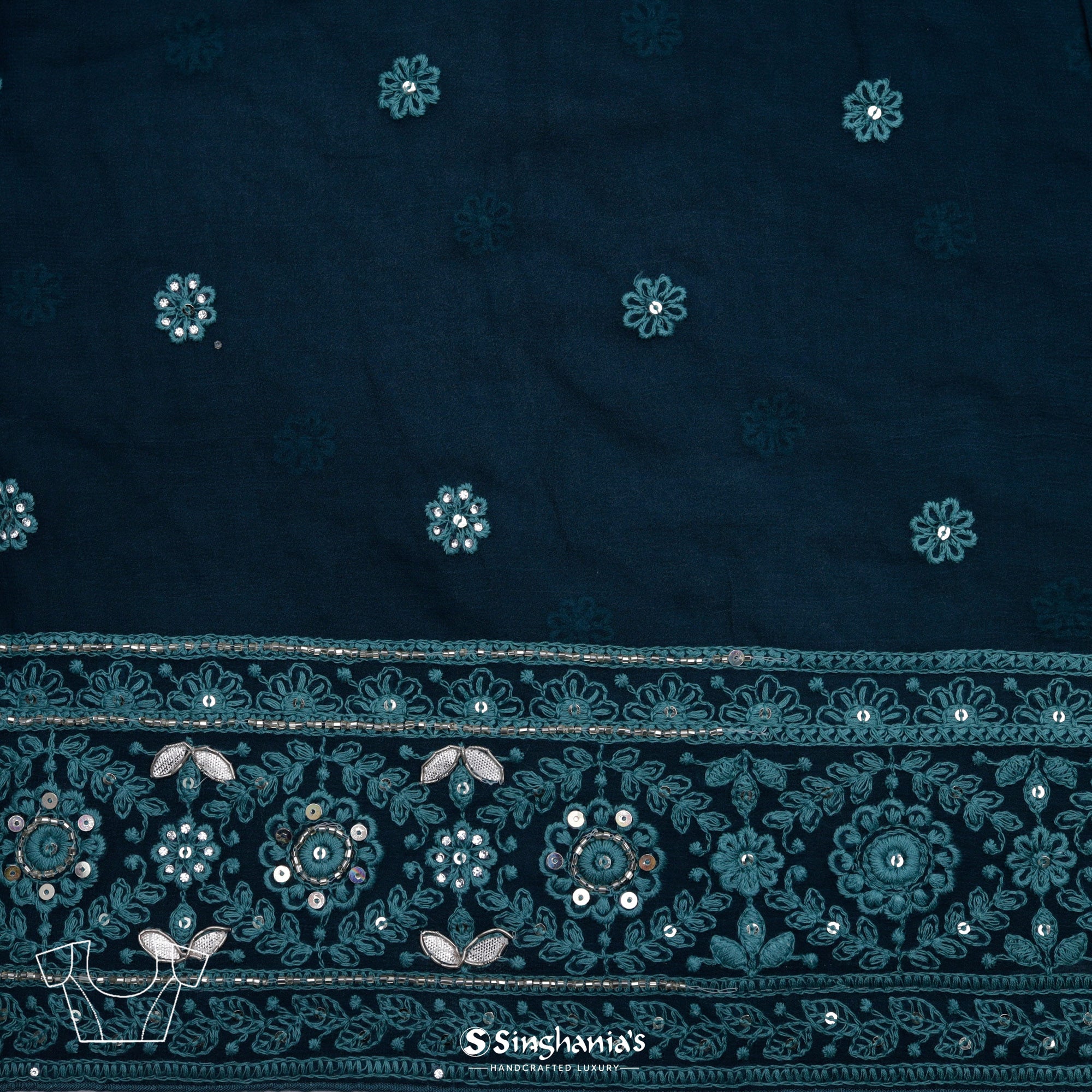 Dark Teal Georgette Saree With Lucknowi Embroidery