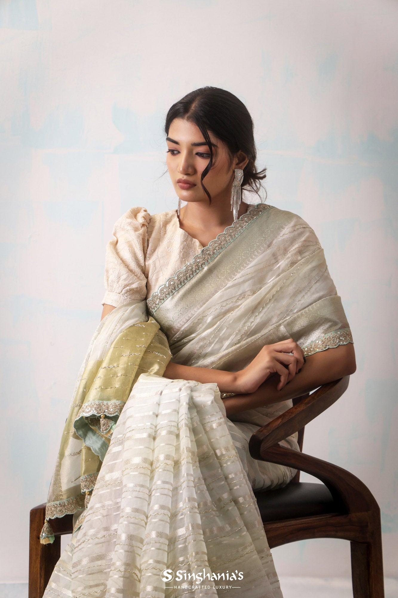 Pastel Celadon Green Organza Saree With Hand Embroidery