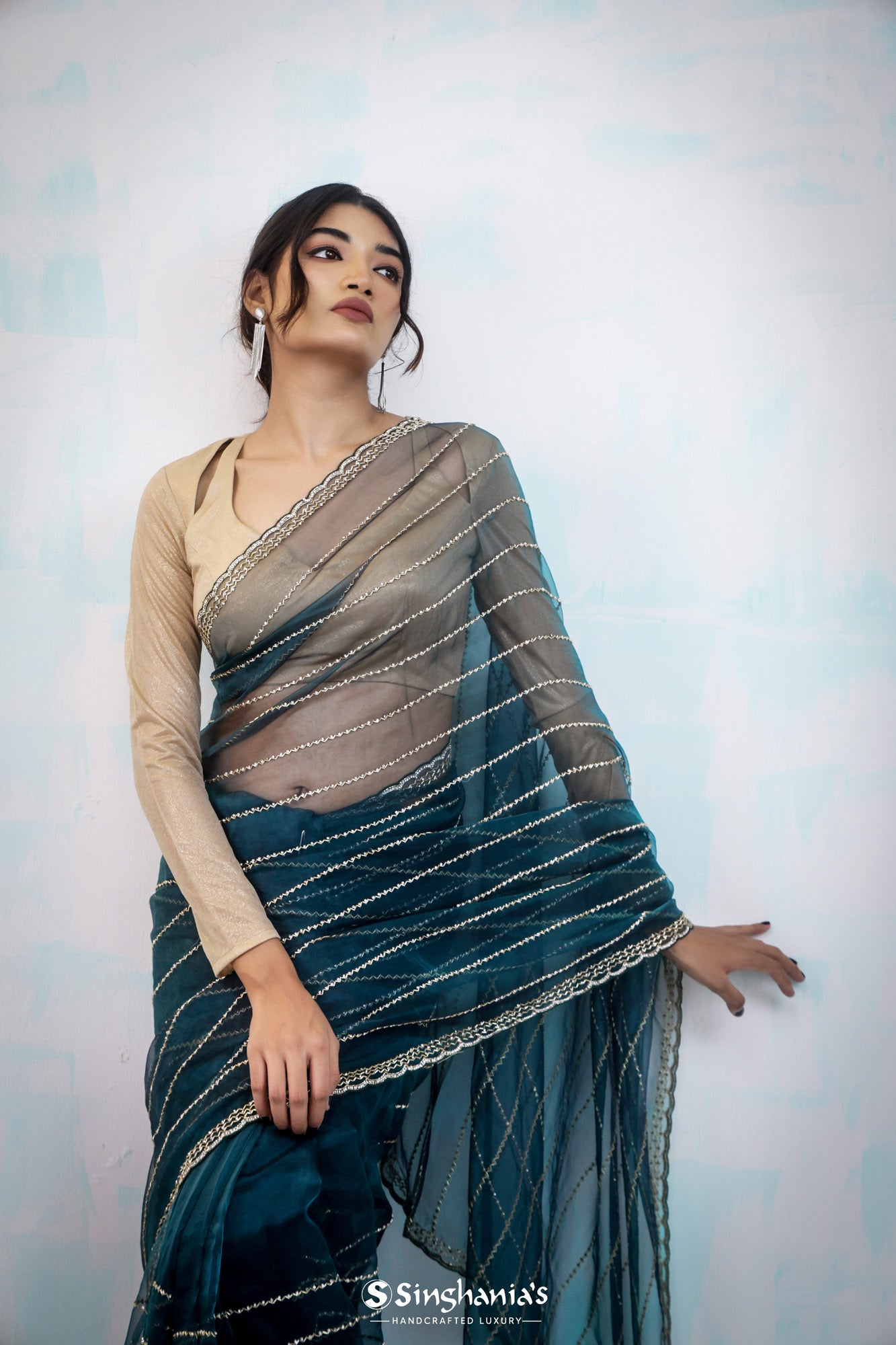 Deep Green Organza Saree With Hand Embroidery