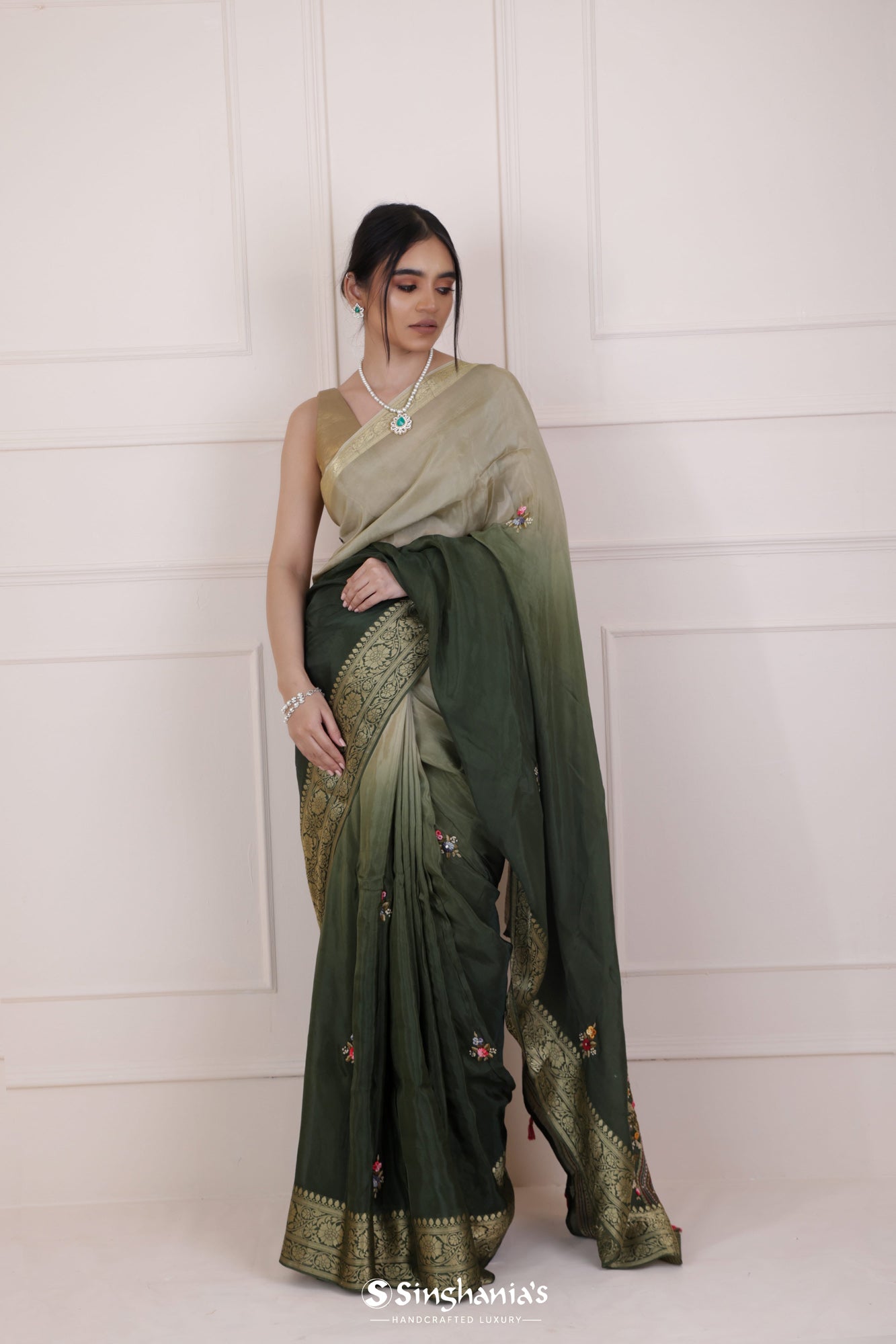 Dark Green Ombre Silk Saree With Floral Embroidery