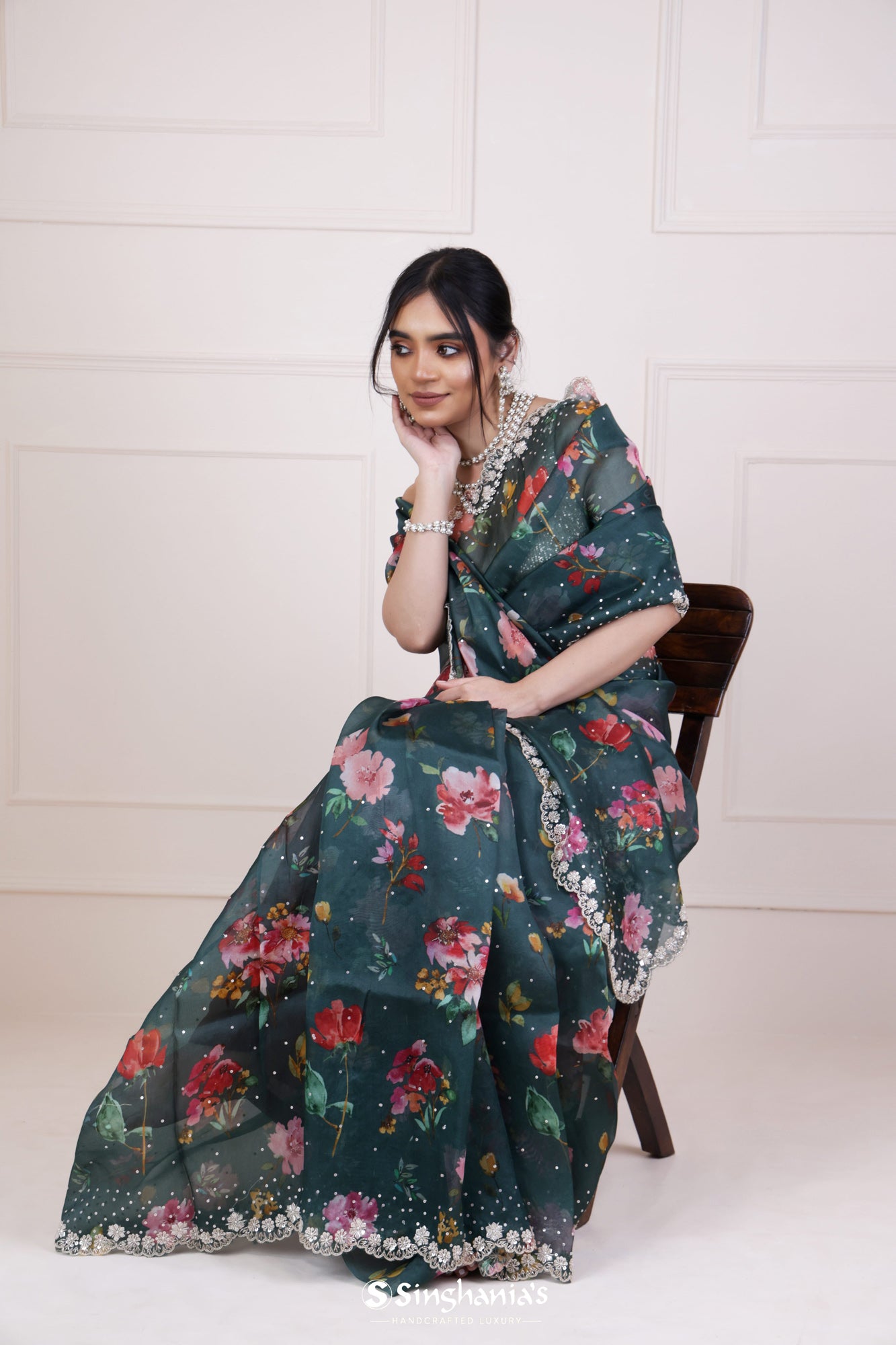 Midnight Green Organza Printed Saree With Hand Embroidery