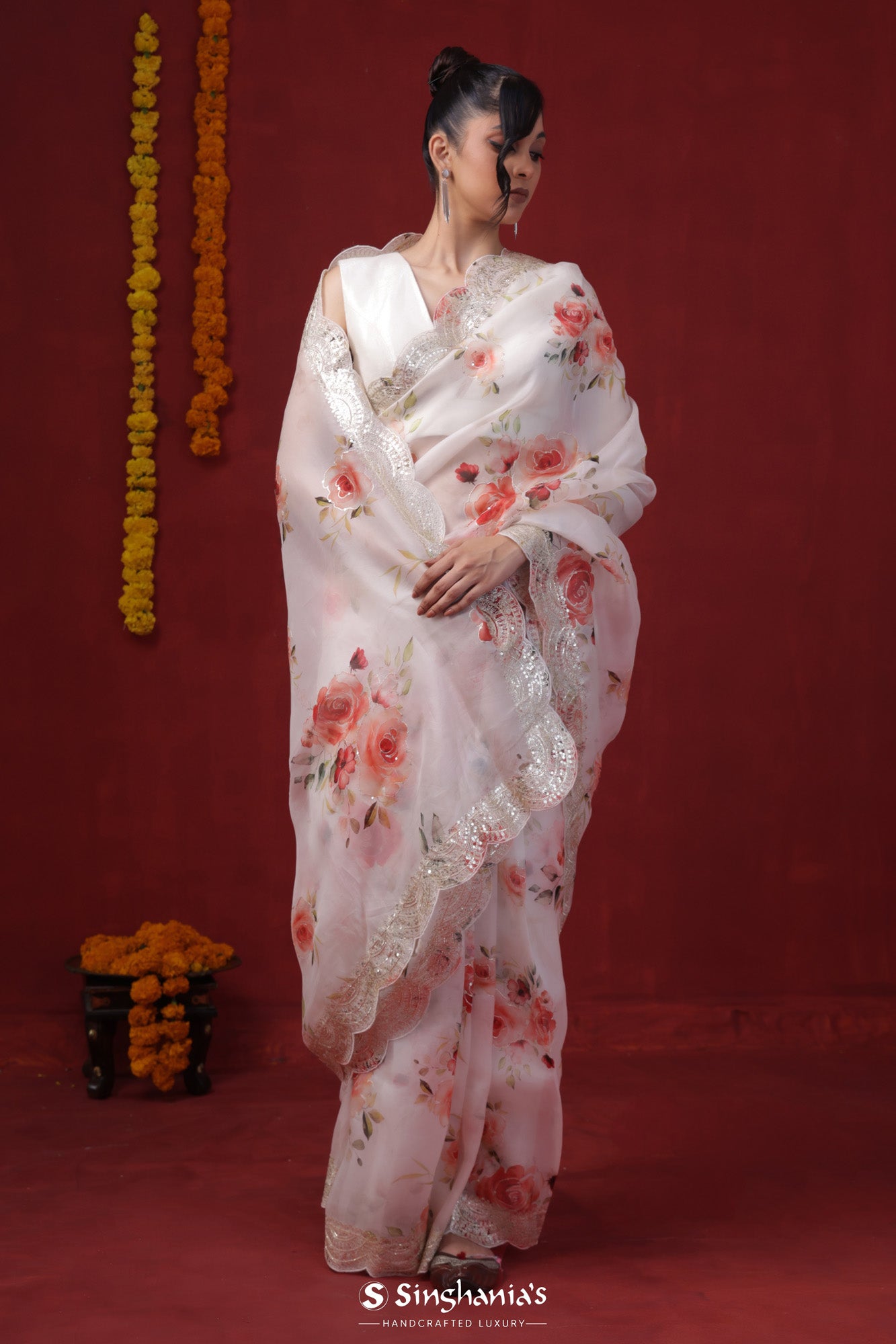 Rose White Printed Organza Saree With Embroidery Border