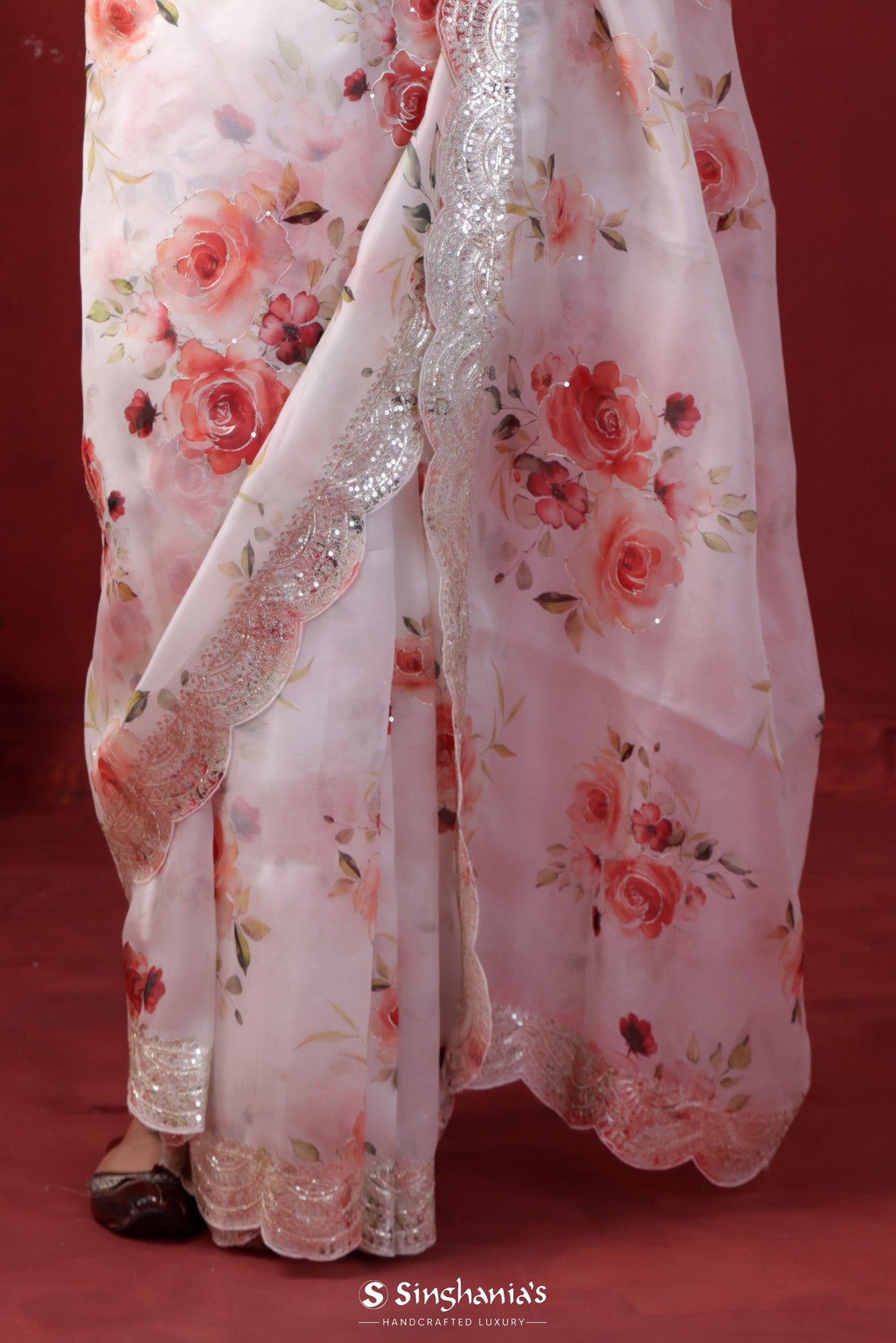 Rose White Printed Organza Saree With Embroidery Border
