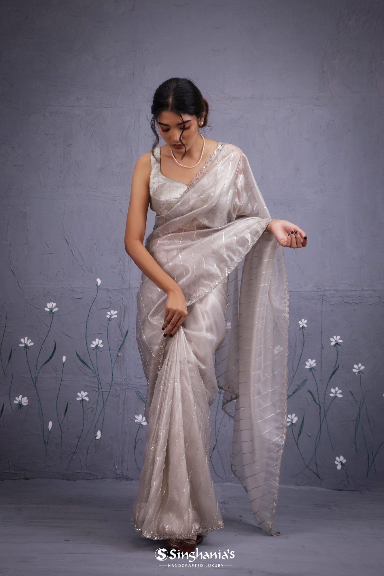 Silver Pink Tissue Saree With Hand Embroidery