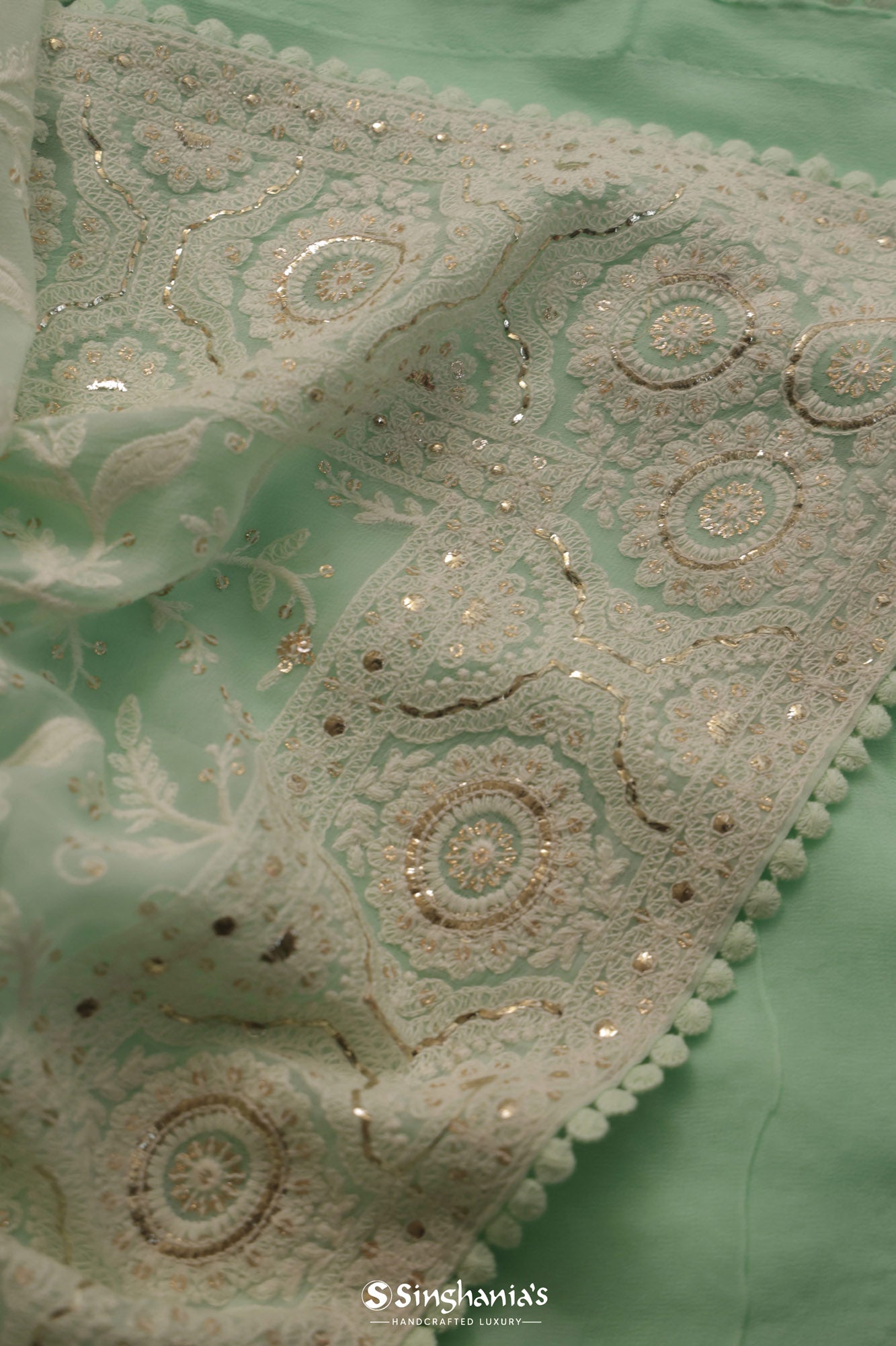 Pastel Tea Green Georgette Embroidered Saree